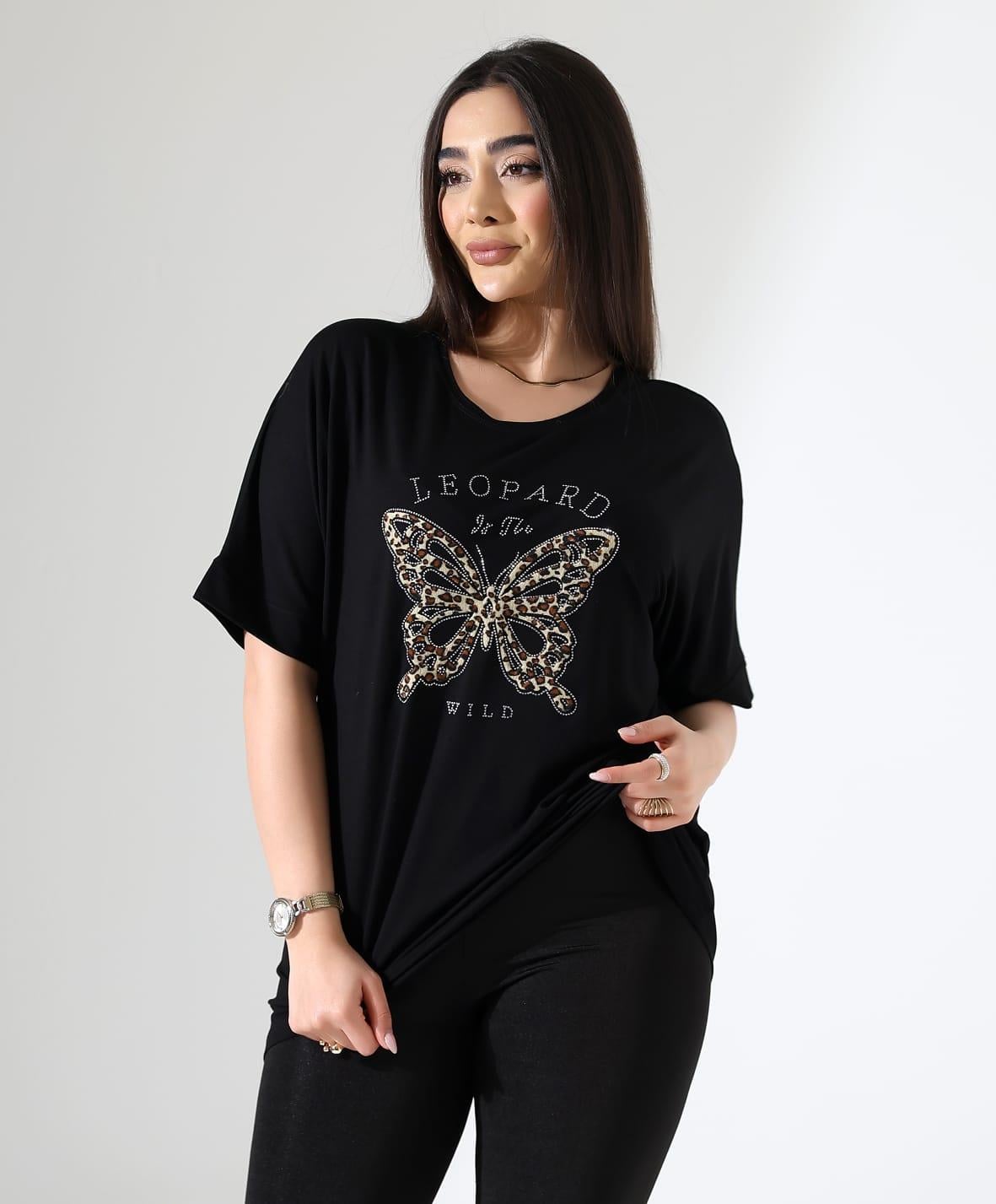 Leopar Kelebek Desenli Bluz
