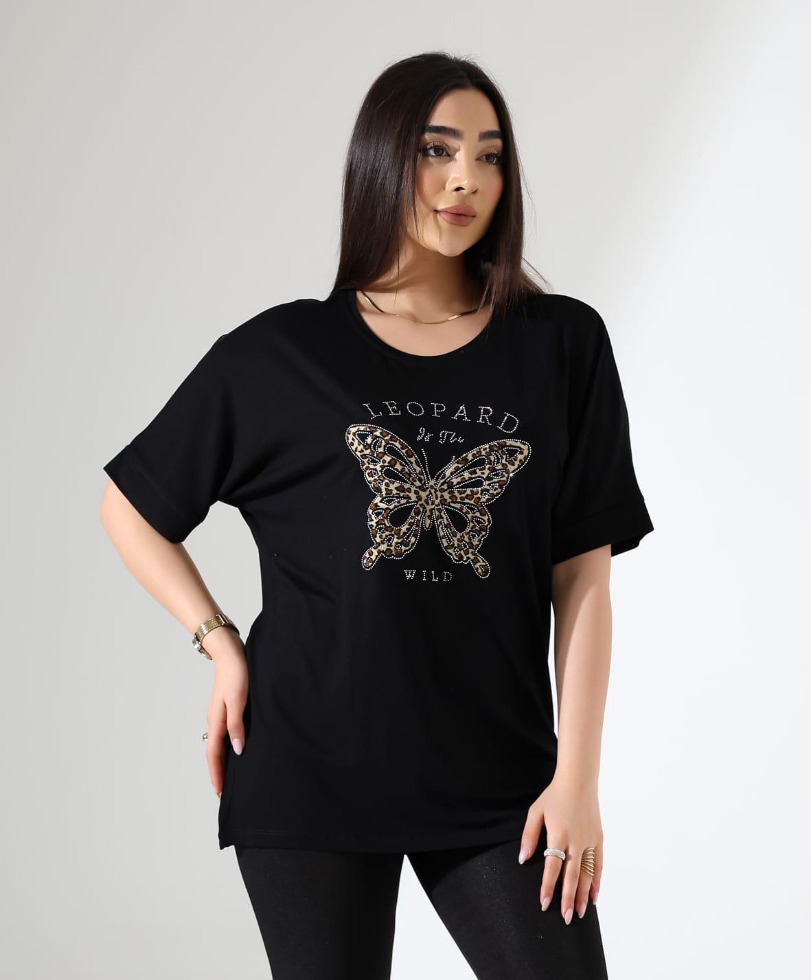 Leopar Kelebek Desenli Bluz