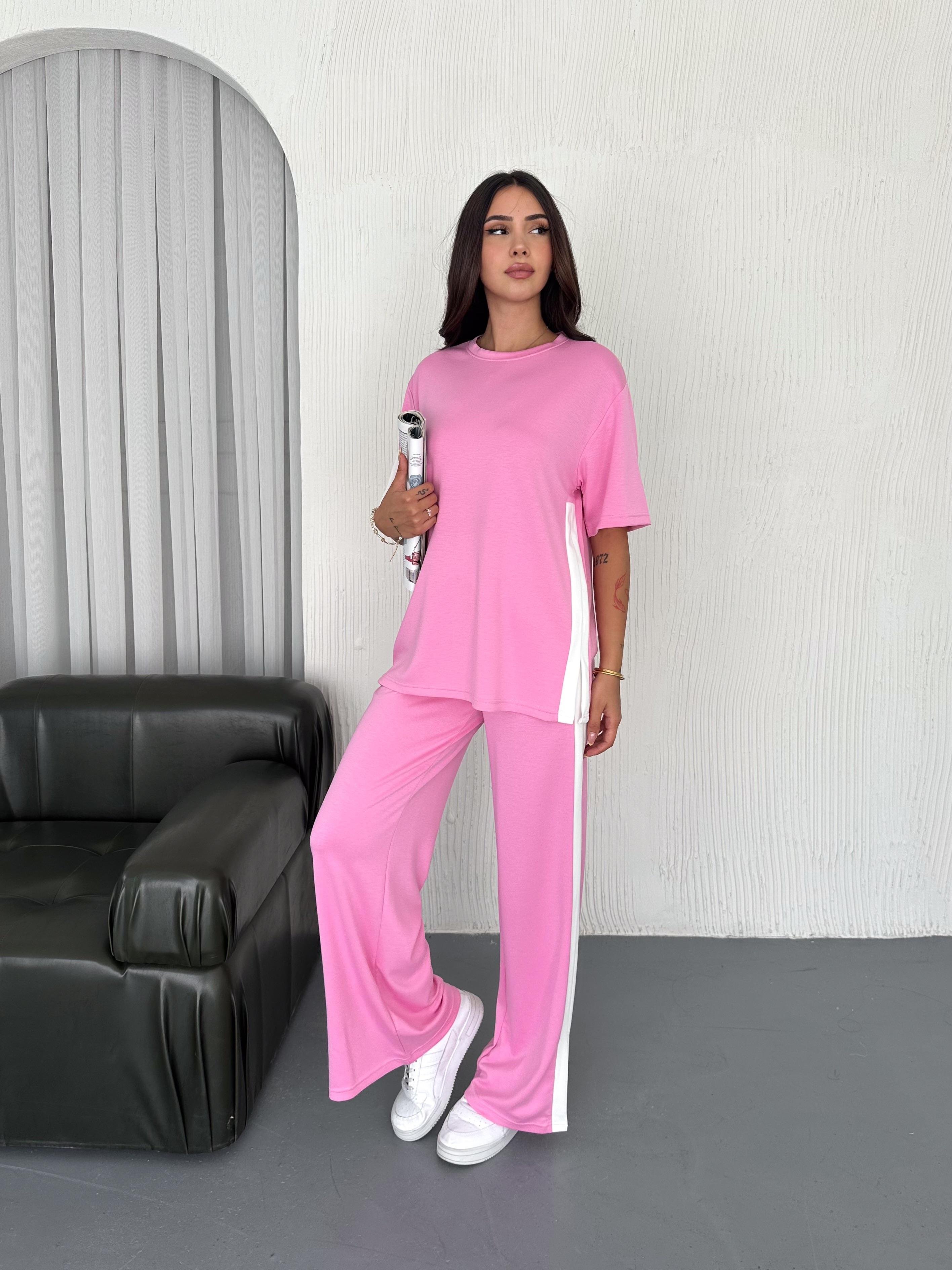 Modal Şeritli Yırtmaç Detaylı Pantolon Tişort Takım