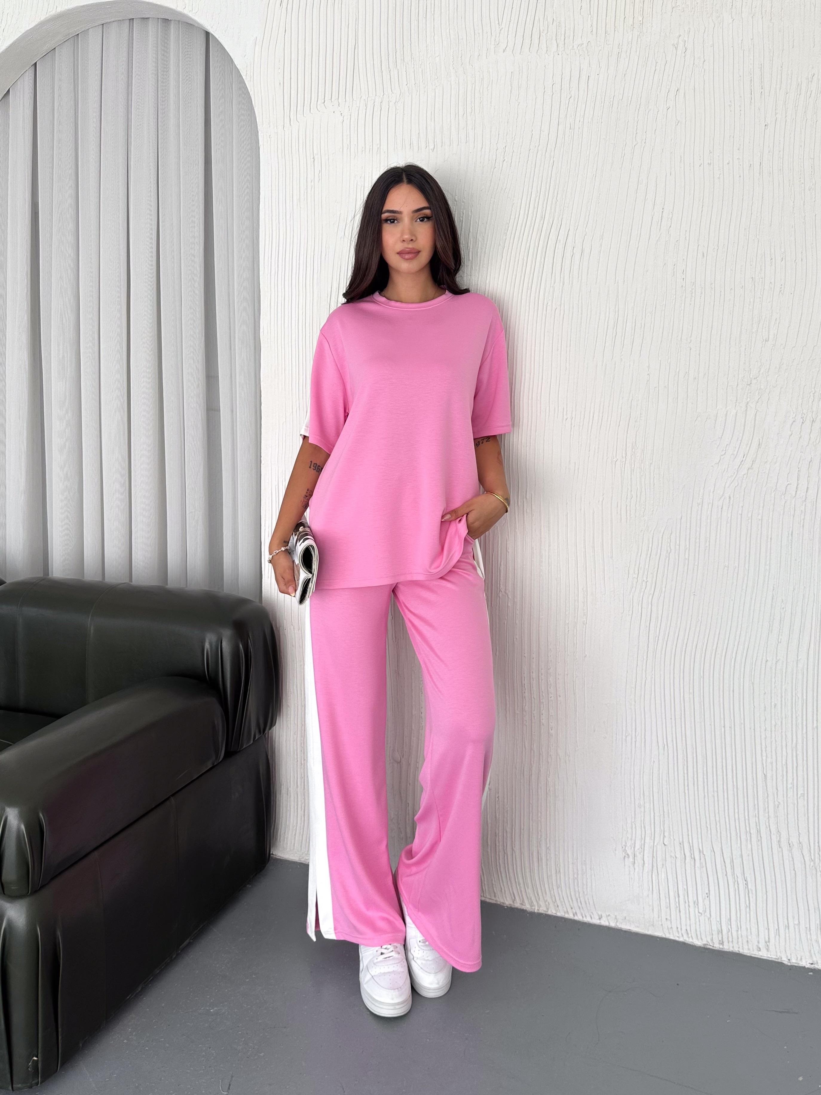 Modal Şeritli Yırtmaç Detaylı Pantolon Tişort Takım