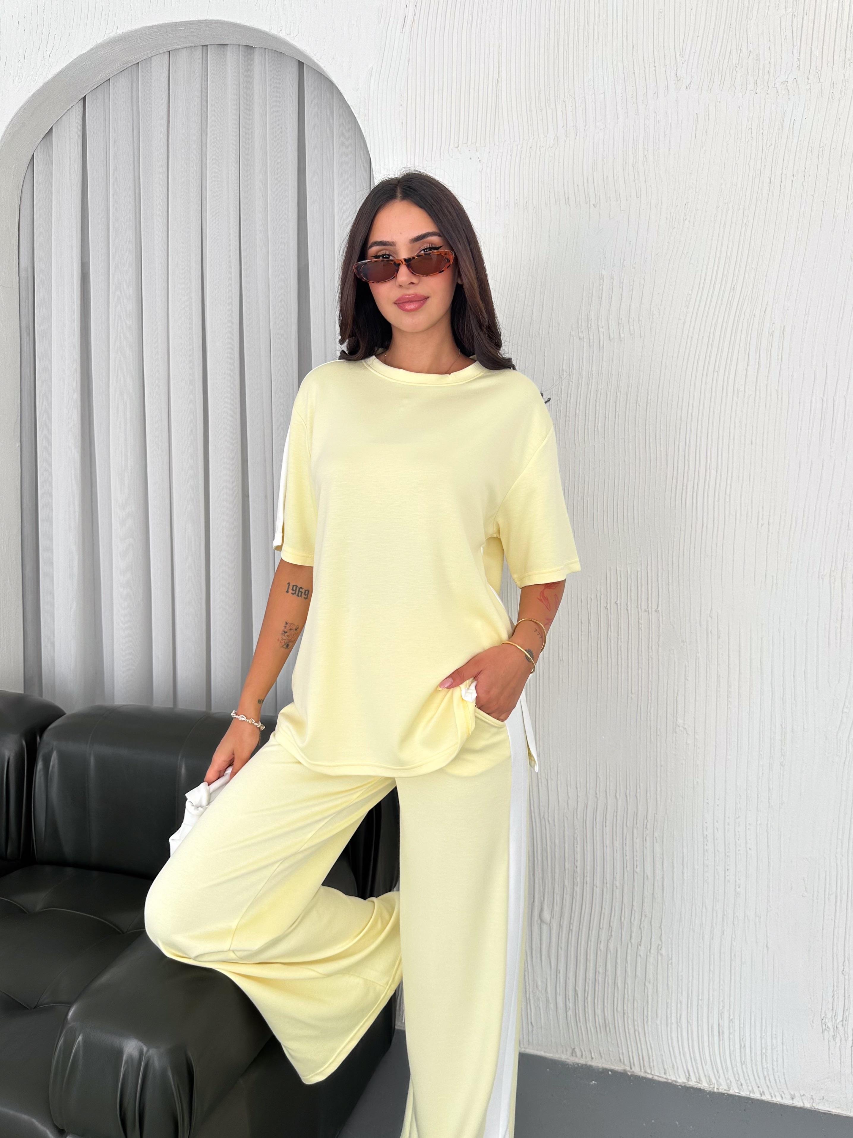 Modal Şeritli Yırtmaç Detaylı Pantolon Tişort Takım