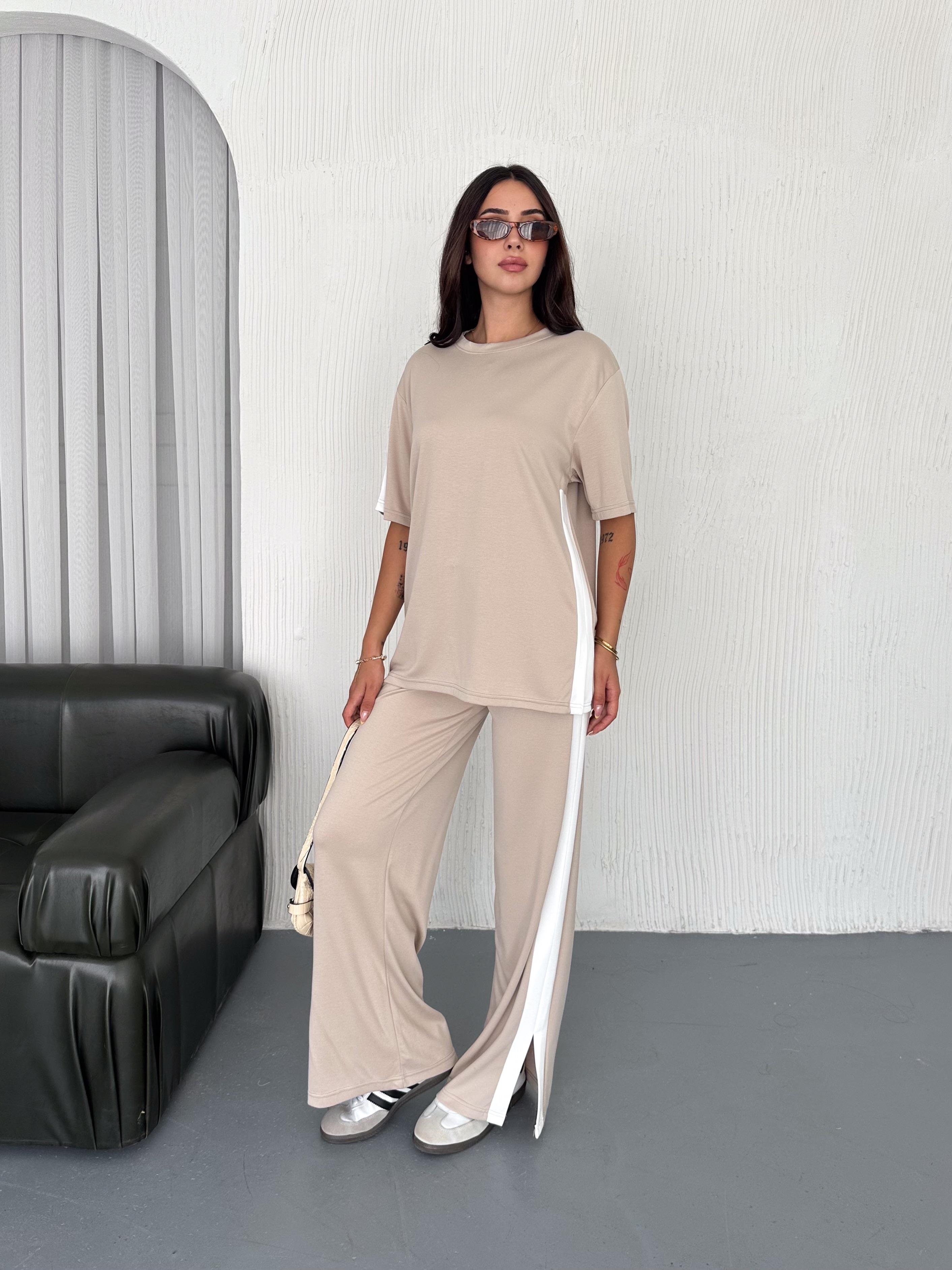 Modal Şeritli Yırtmaç Detaylı Pantolon Tişort Takım