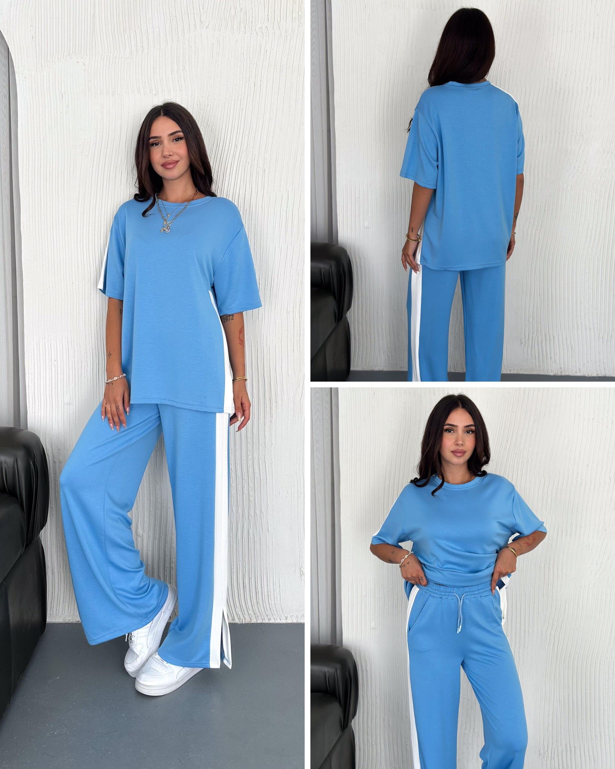 Modal Şeritli Yırtmaç Detaylı Pantolon Tişort Takım