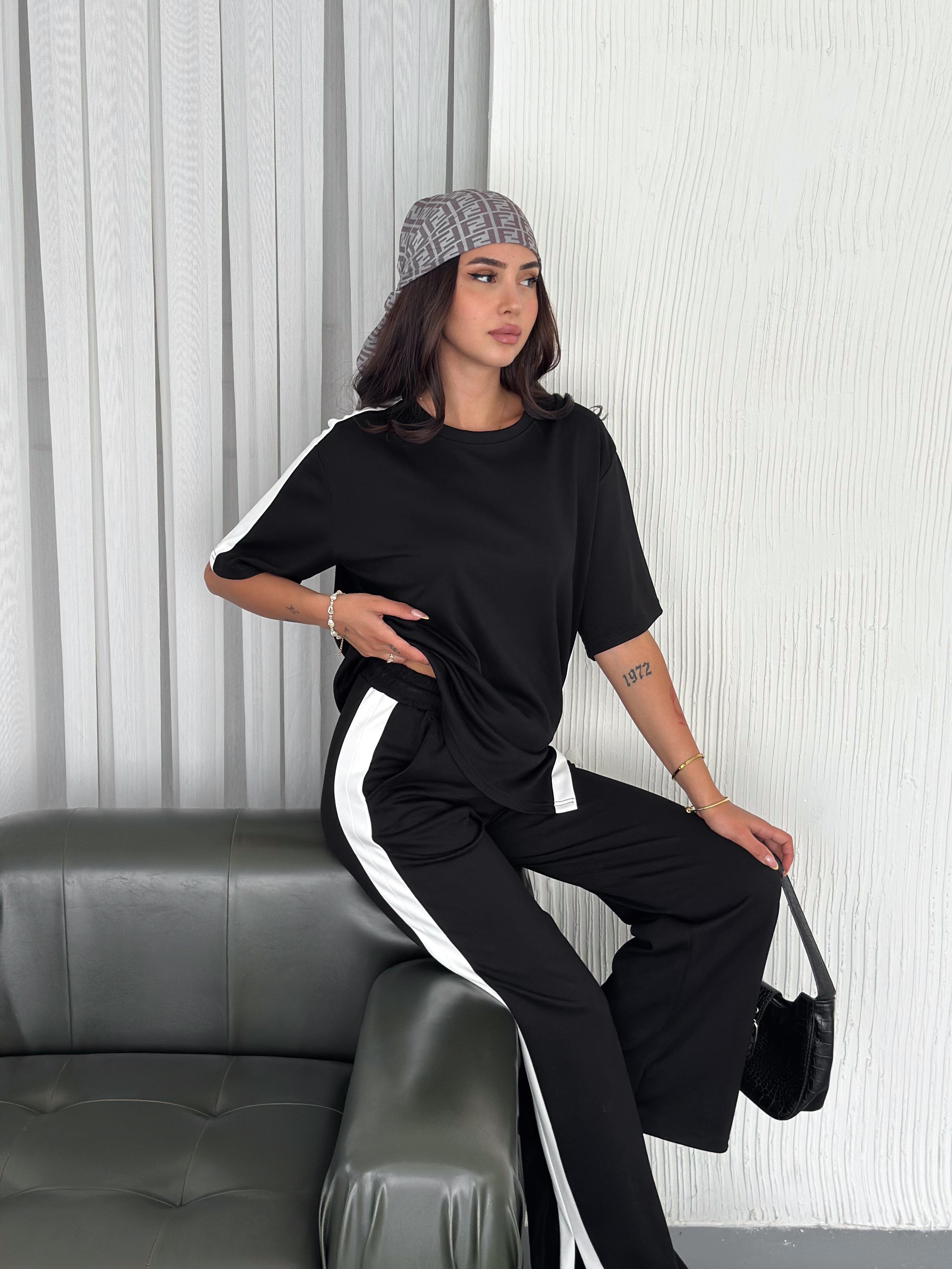 Modal Şeritli Yırtmaç Detaylı Pantolon Tişort Takım