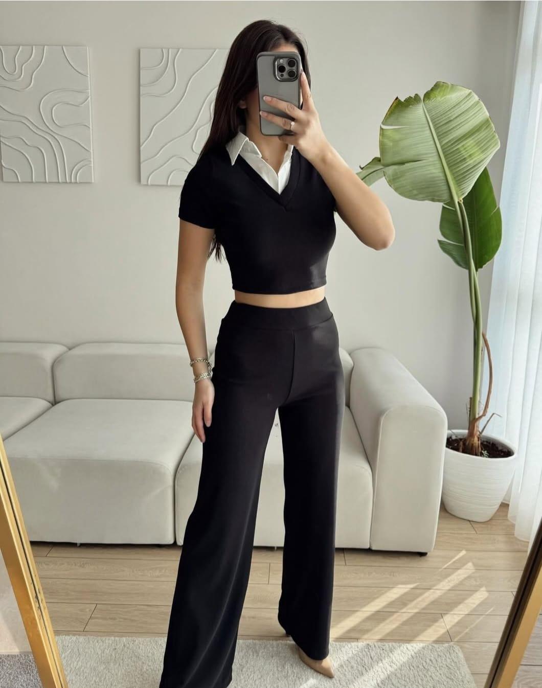 Ottoman Kumaş Gömlek Garnili Crop-Pantolon İkili Takım