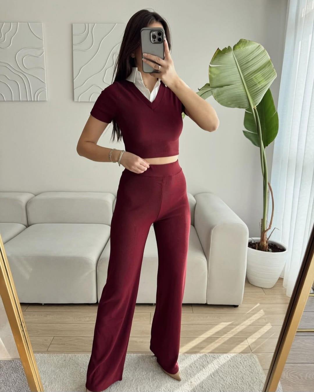 Ottoman Kumaş Gömlek Garnili Crop-Pantolon İkili Takım