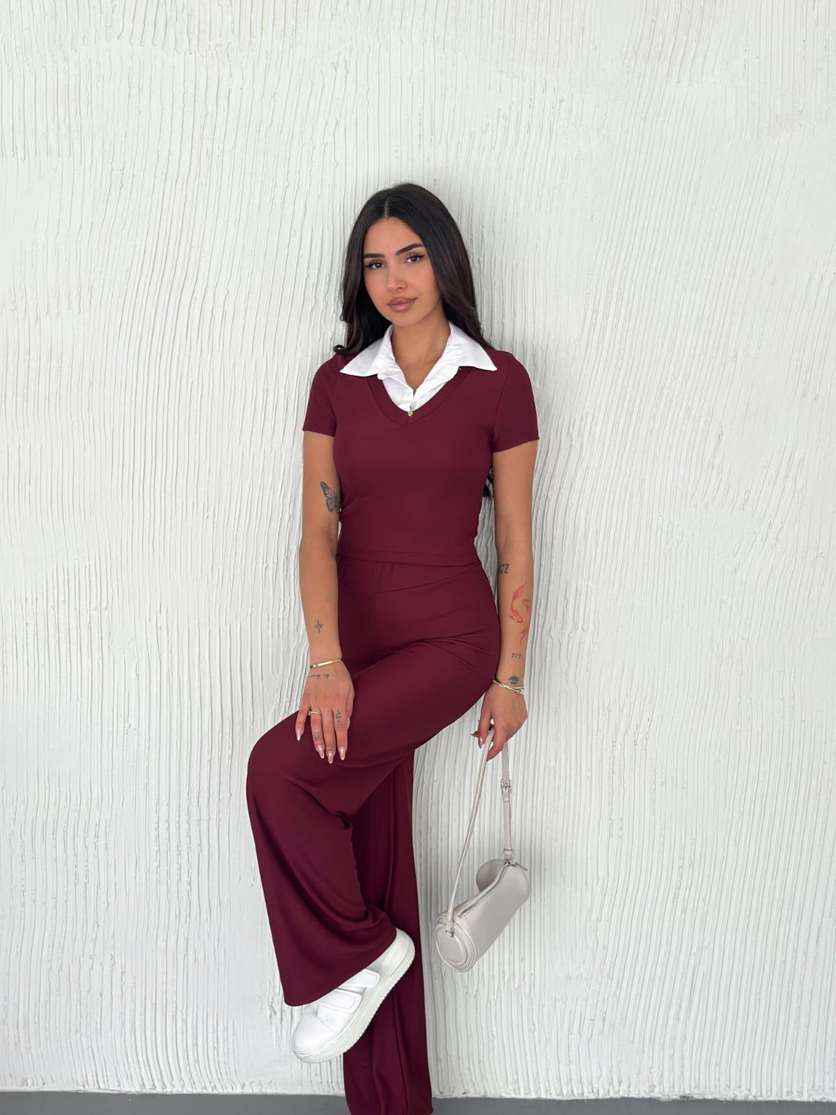 Ottoman Kumaş Gömlek Garnili Crop-Pantolon İkili Takım