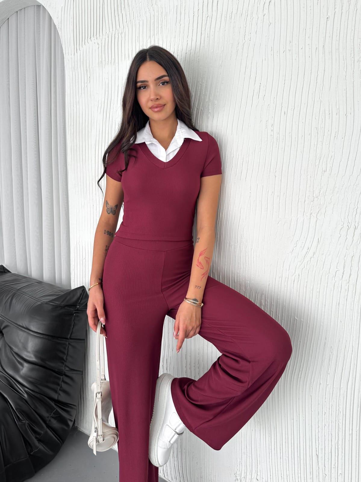 Ottoman Kumaş Gömlek Garnili Crop-Pantolon İkili Takım