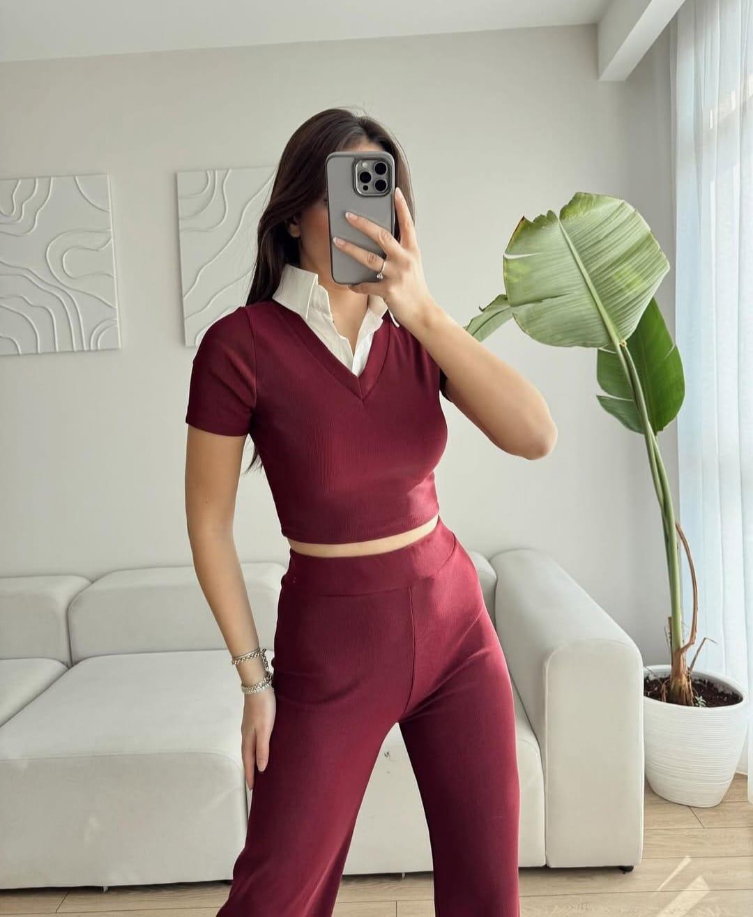Ottoman Kumaş Gömlek Garnili Crop-Pantolon İkili Takım
