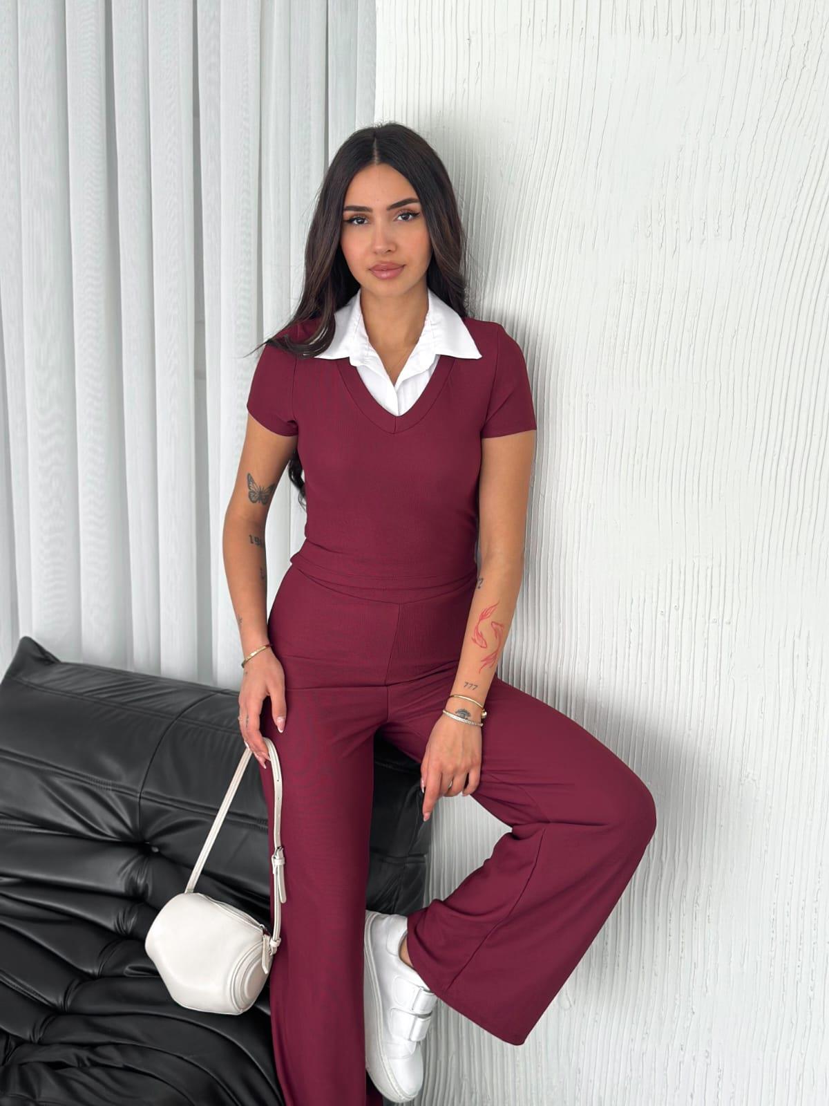 Ottoman Kumaş Gömlek Garnili Crop-Pantolon İkili Takım