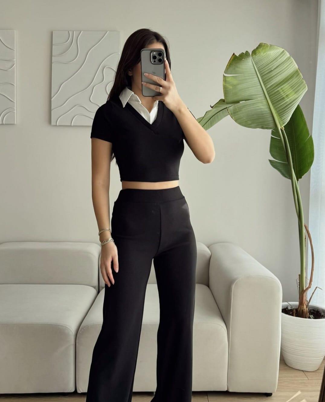 Ottoman Kumaş Gömlek Garnili Crop-Pantolon İkili Takım