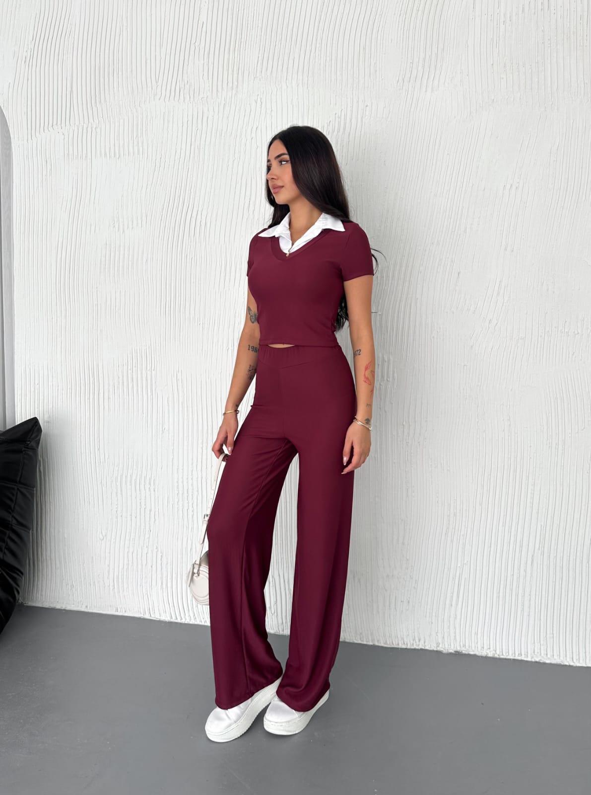 Ottoman Kumaş Gömlek Garnili Crop-Pantolon İkili Takım