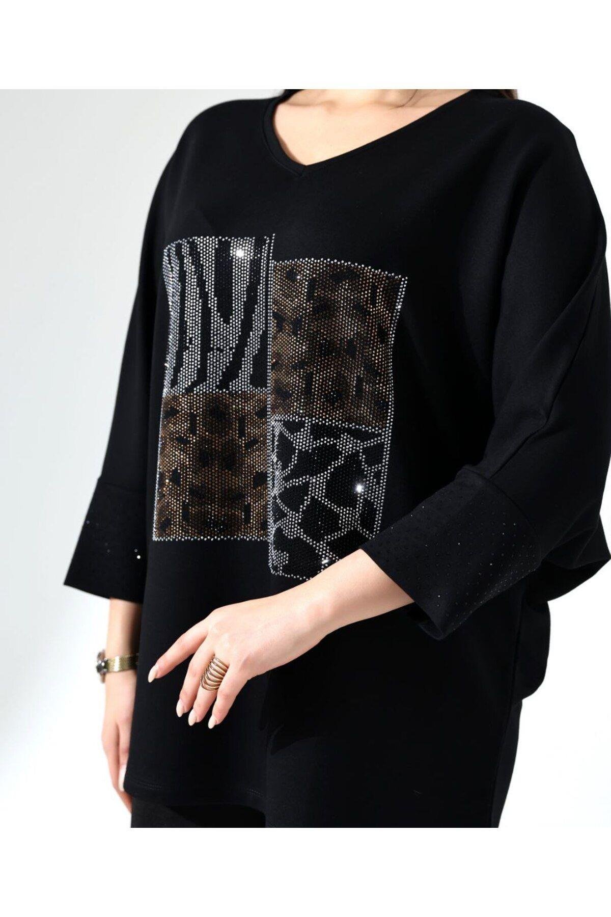 Taşlı Oversize Leopar Desen Tişört
