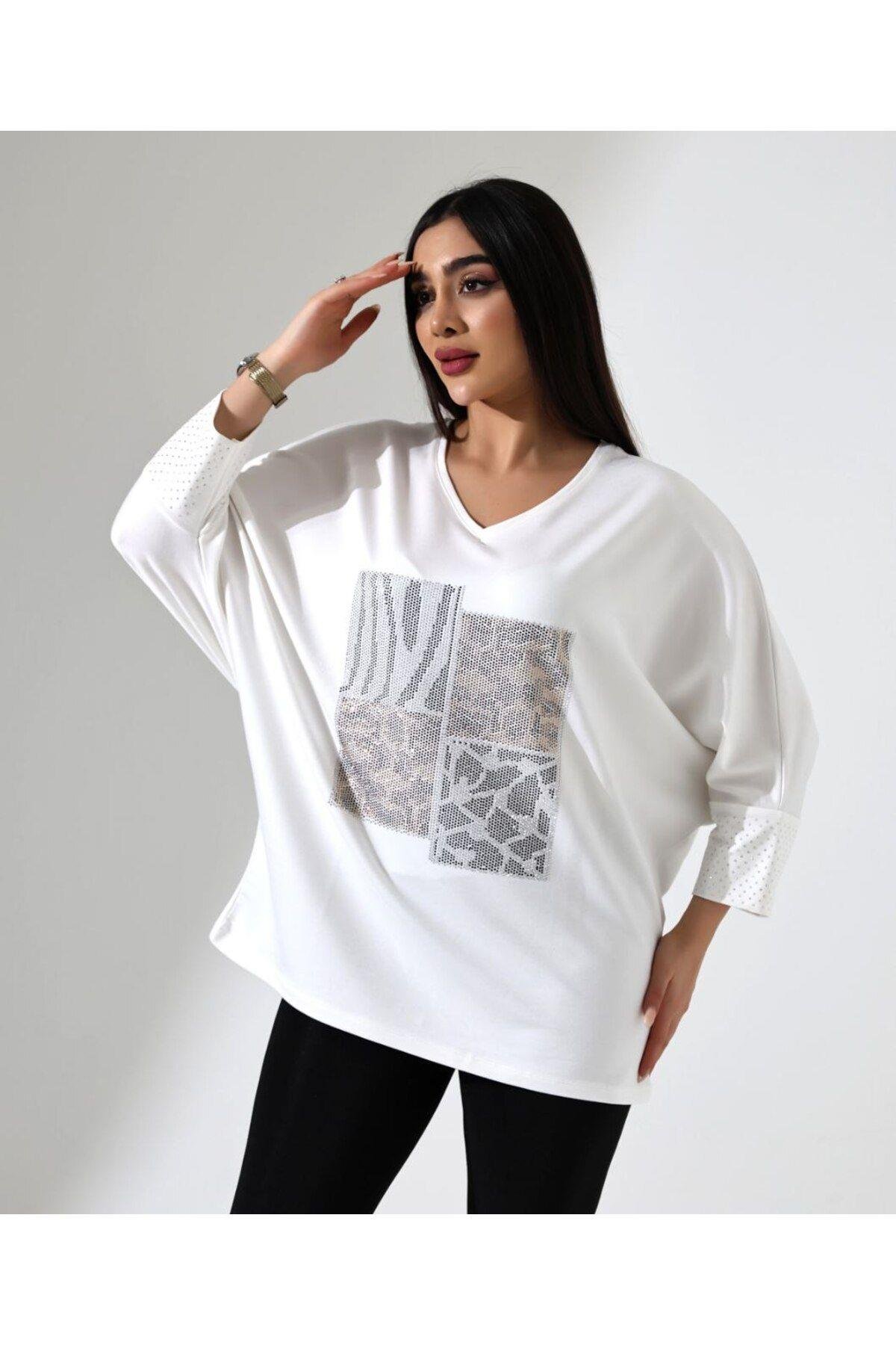 Taşlı Oversize Leopar Desen Tişört