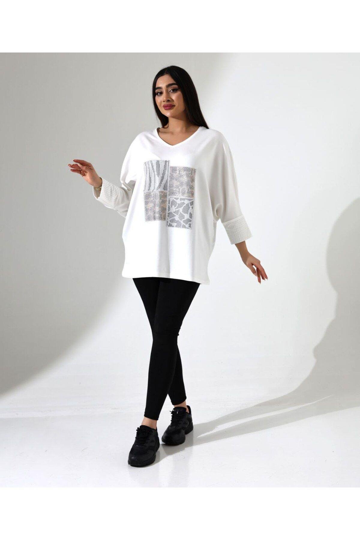 Taşlı Oversize Leopar Desen Tişört