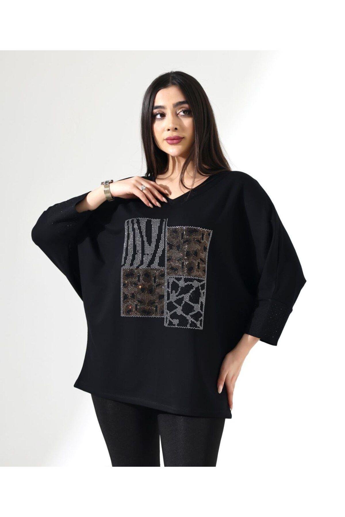 Taşlı Oversize Leopar Desen Tişört