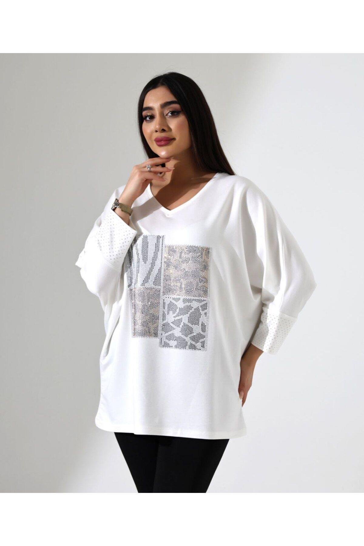 Taşlı Oversize Leopar Desen Tişört
