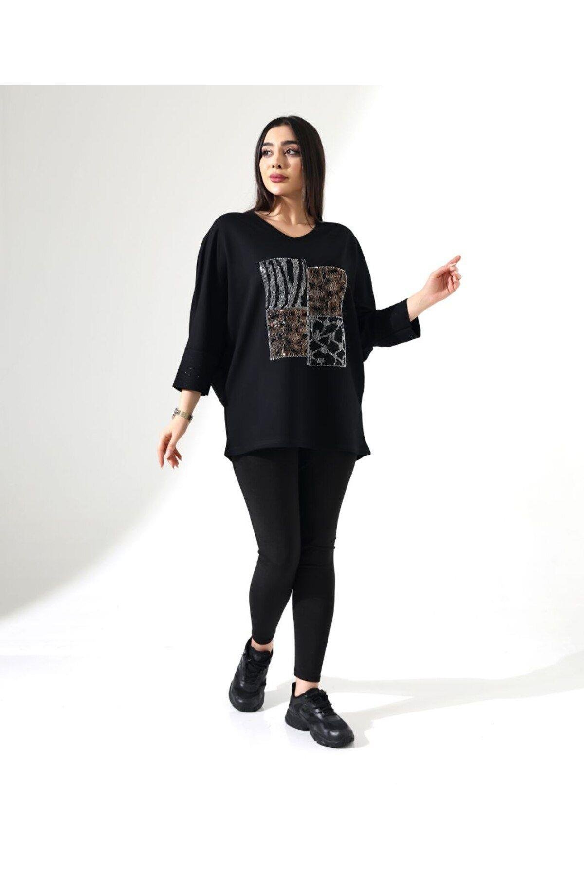 Taşlı Oversize Leopar Desen Tişört
