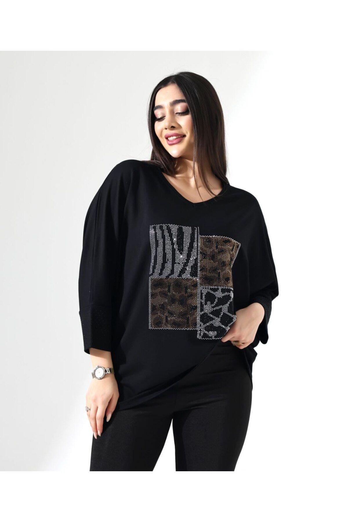 Taşlı Oversize Leopar Desen Tişört