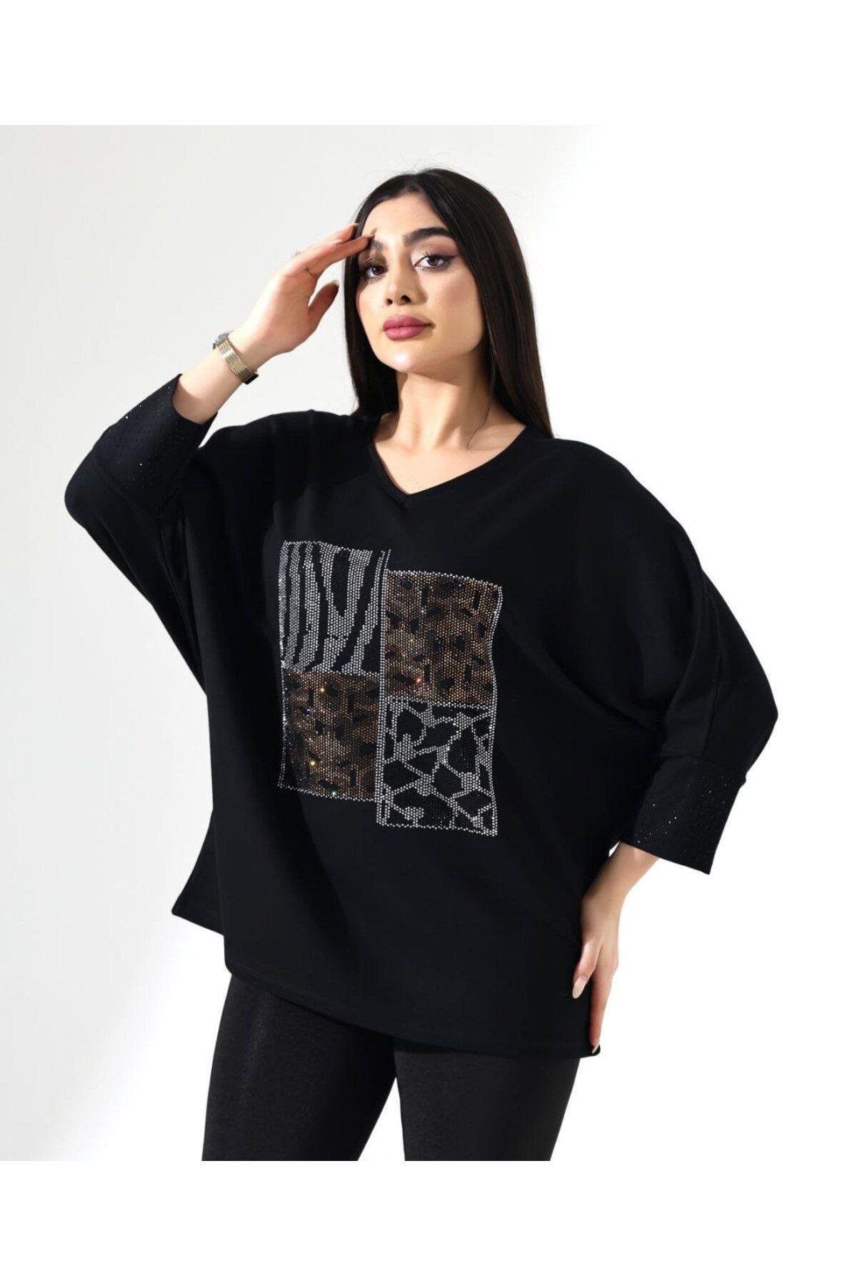 Taşlı Oversize Leopar Desen Tişört