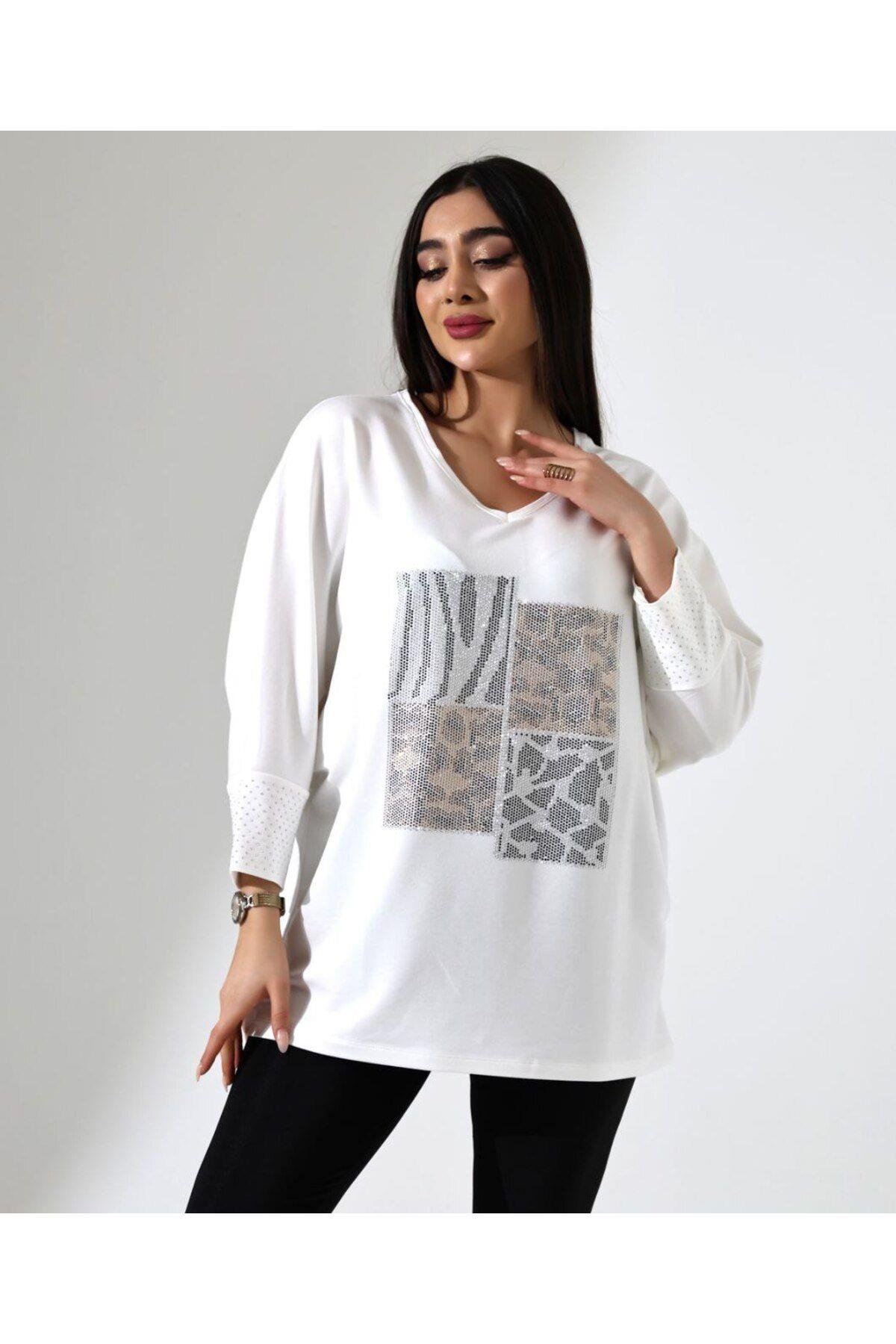 Taşlı Oversize Leopar Desen Tişört