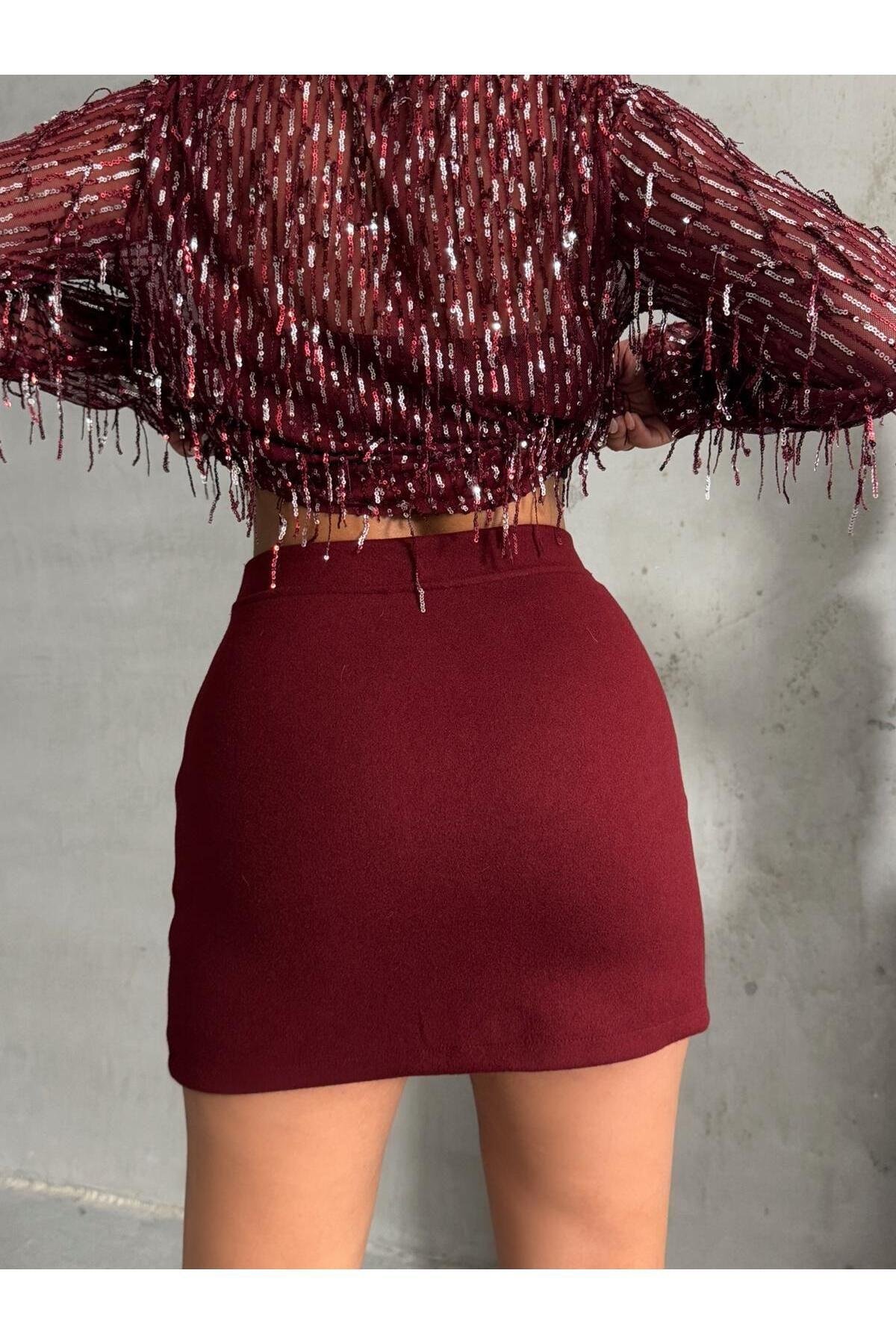 Yırtmaçlı Kaşe Mini Etek