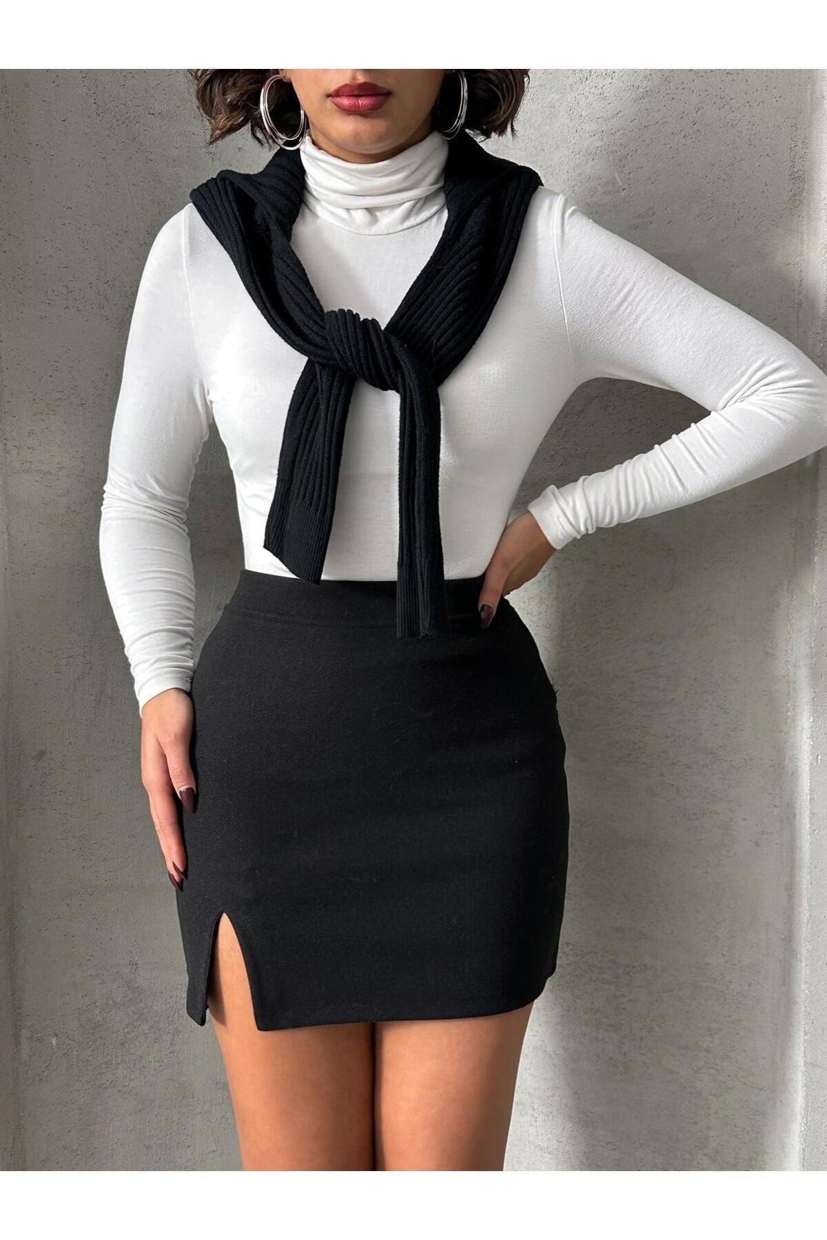 Yırtmaçlı Kaşe Mini Etek