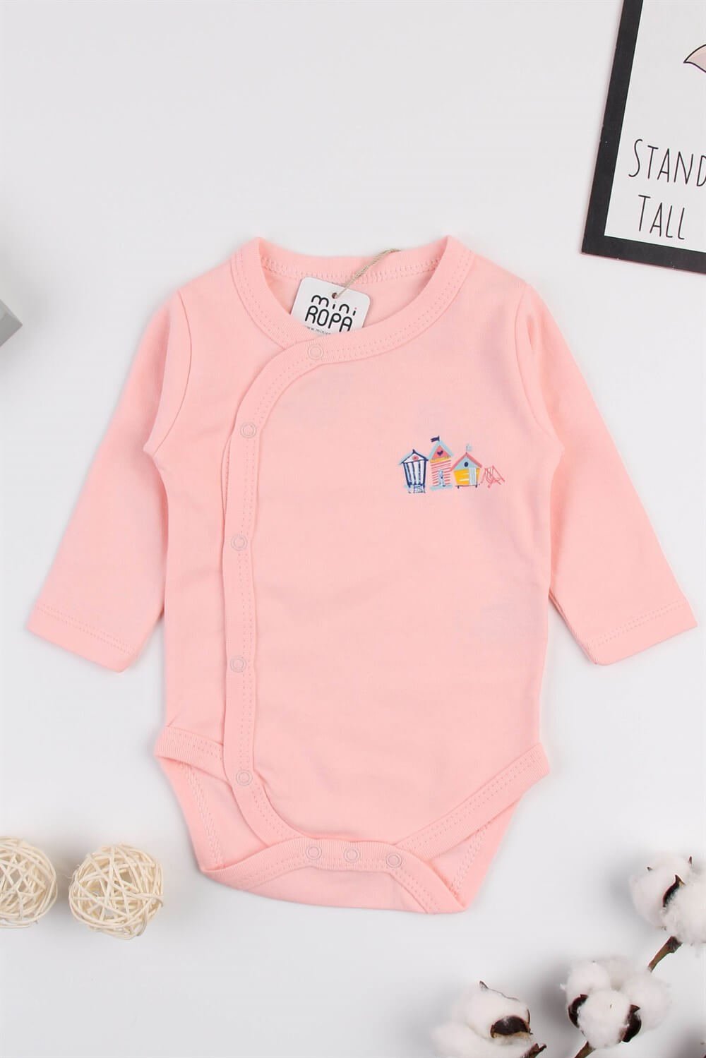 %100 Pamuklu Pembe Çıtçıtlı Uzun Kol Zıbın Body