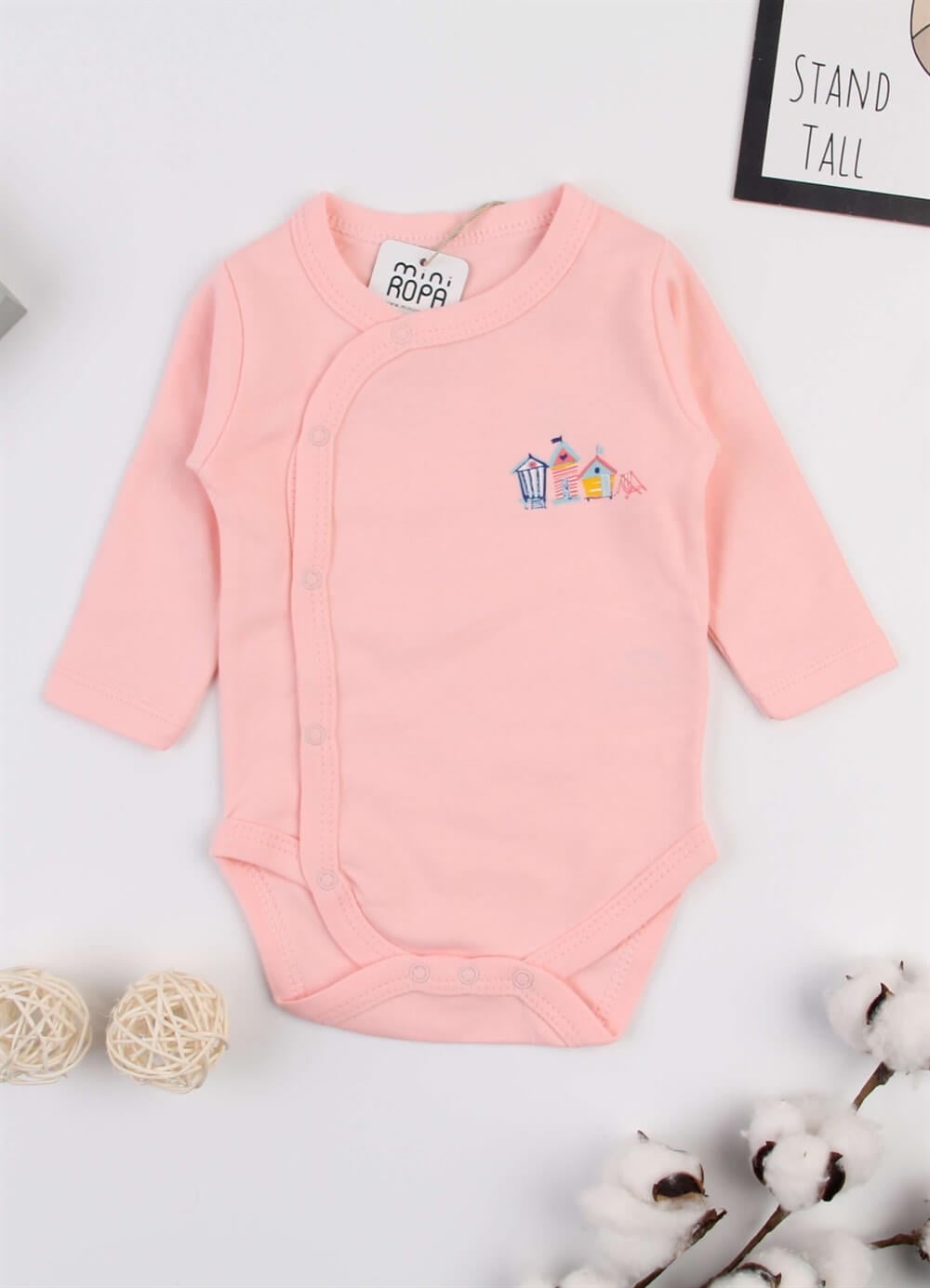 %100 Pamuklu Pembe Çıtçıtlı Uzun Kol Zıbın Body