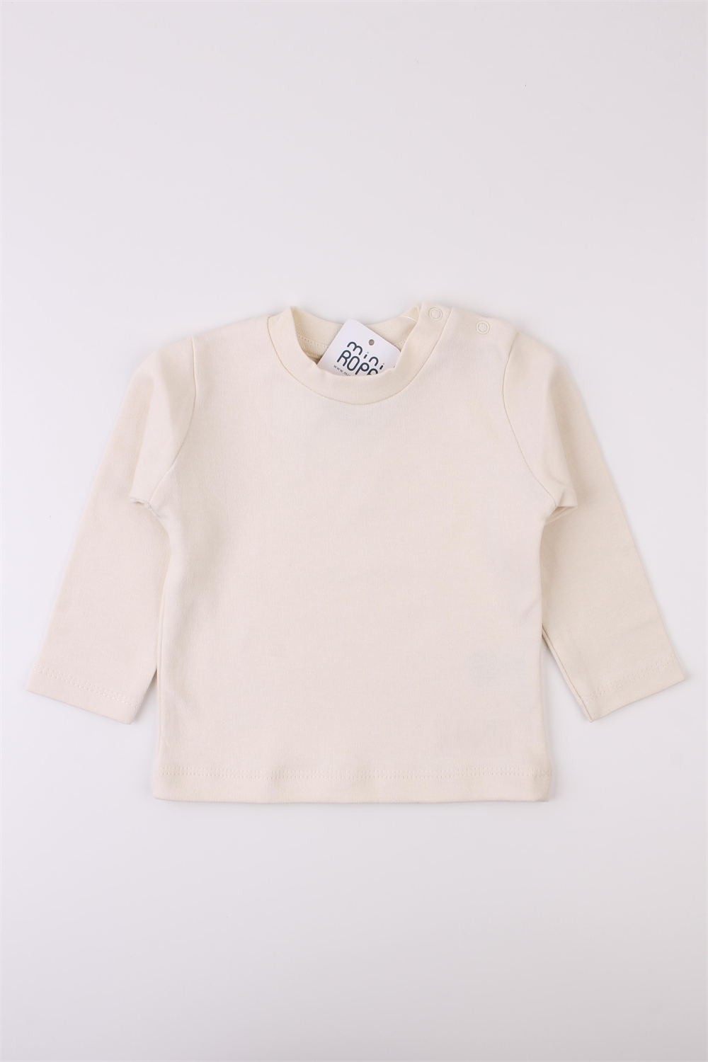 Basic İnterlok Ekru Bisiklet Yaka Çıtçıtlı Bebek Sweatshirt