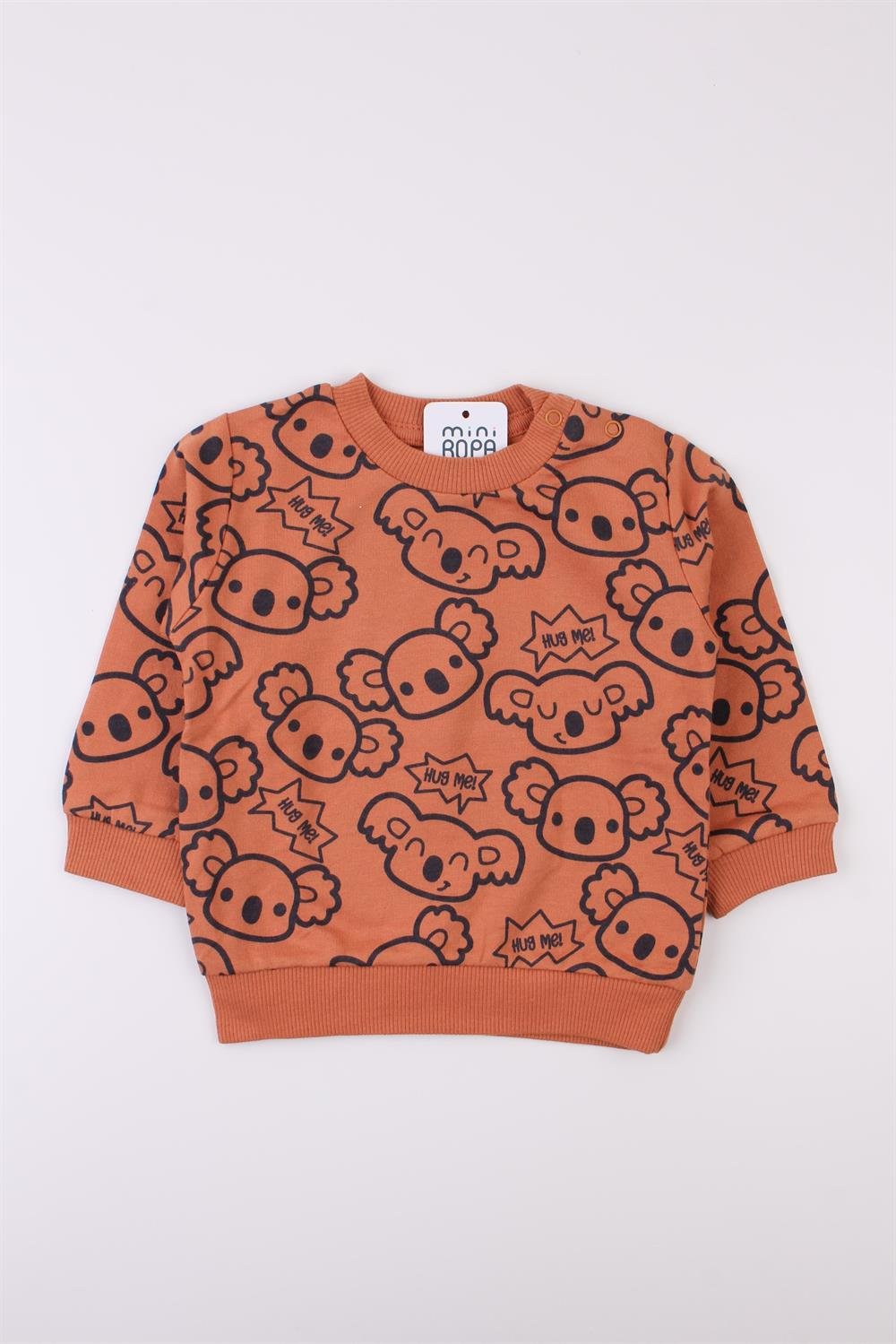 Basic İnterlok Turuncu Koala Baskılı Bisiklet Yaka Çıtçıtlı Bebek Sweatshirt