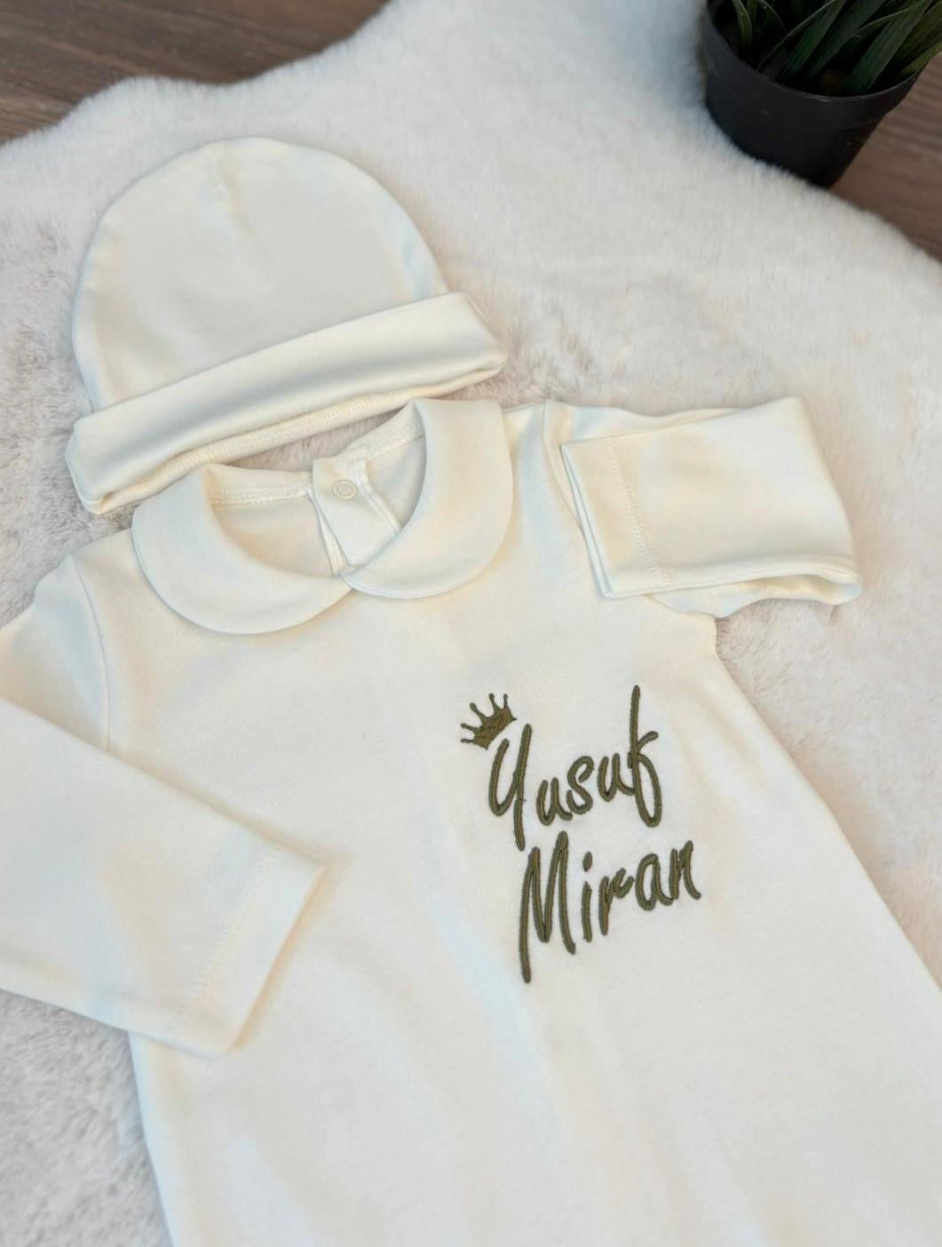 Bebe Yaka İsme Özel Tulum Eldiven Şapka