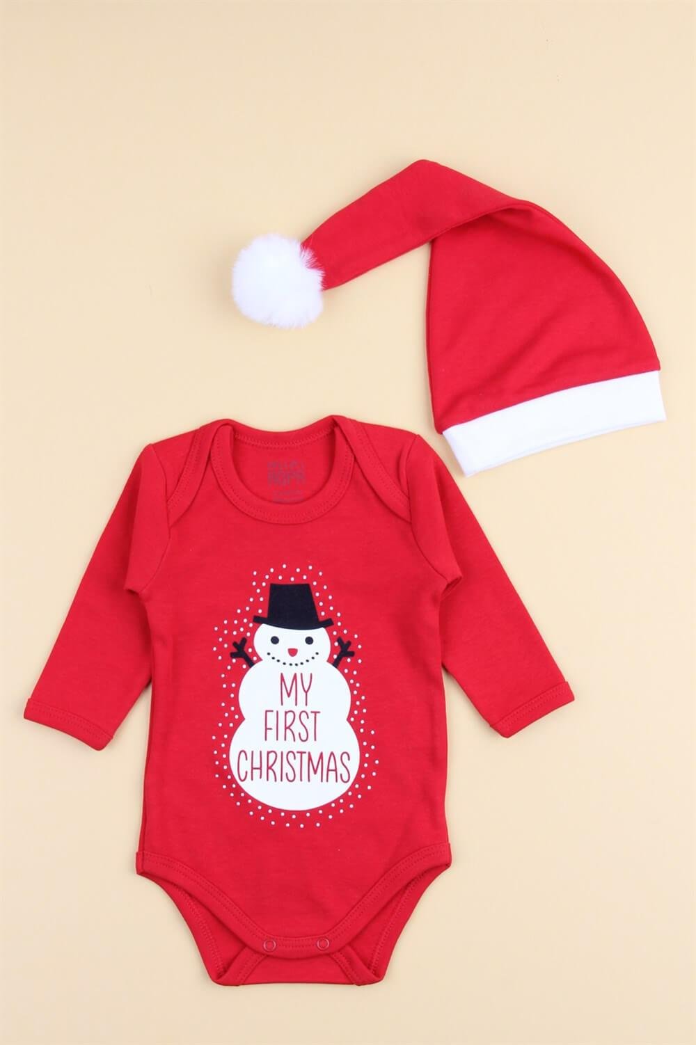 Christmas Noel Yeni Yıl Yılbaşı Ponponlu Noel Baba Şapkalı My First Christmas Kardan Adam Baskılı Bebek Body ve Şapka