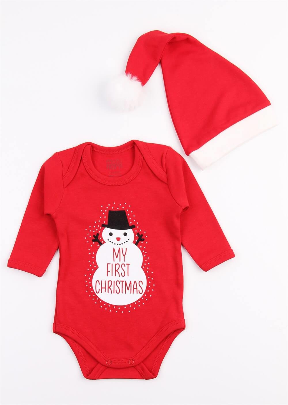 Christmas Noel Yeni Yıl Yılbaşı Ponponlu Noel Baba Şapkalı My First Christmas Kardan Adam Baskılı Bebek Body ve Şapka