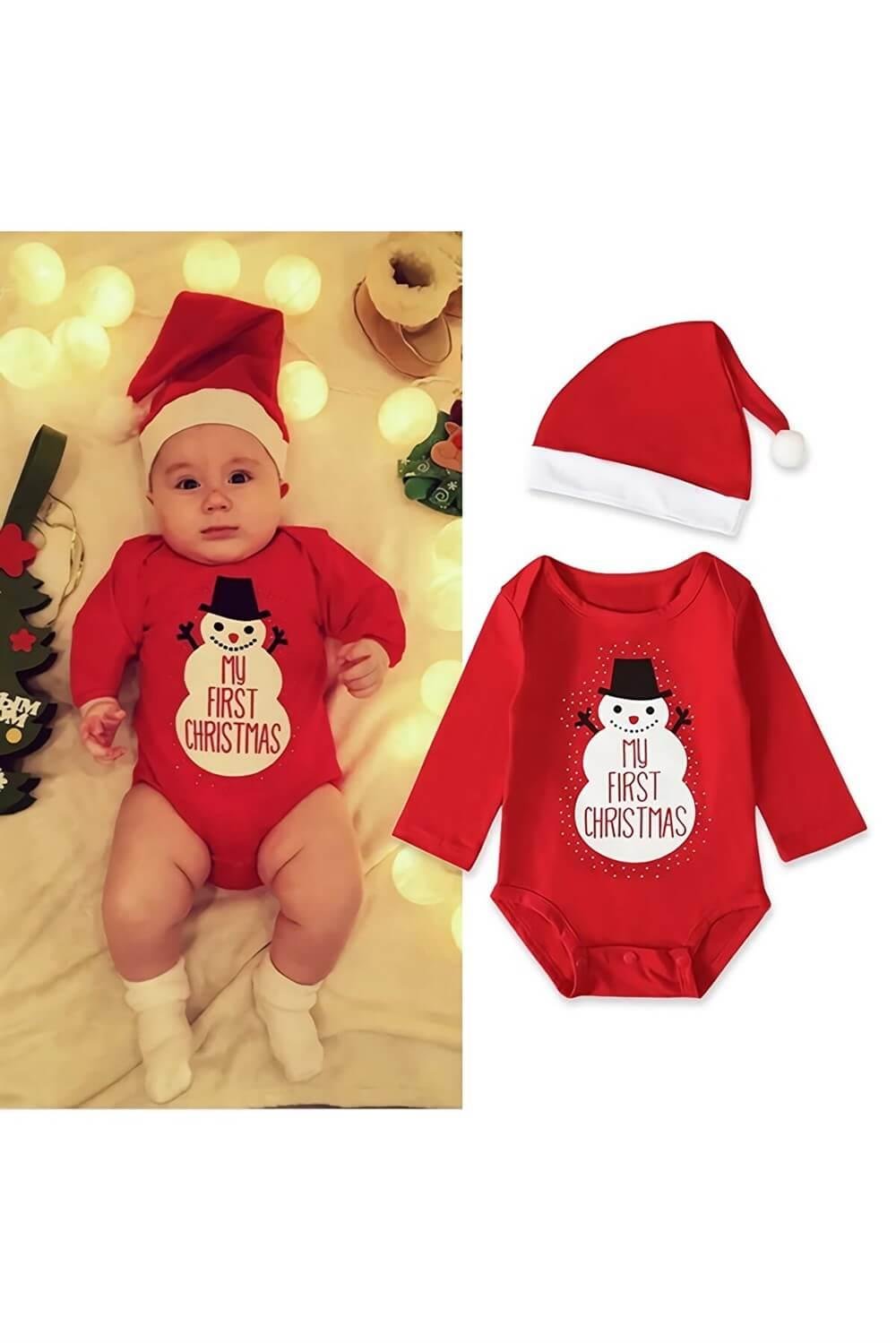 Christmas Noel Yeni Yıl Yılbaşı Ponponlu Noel Baba Şapkalı My First Christmas Kardan Adam Baskılı Bebek Body ve Şapka