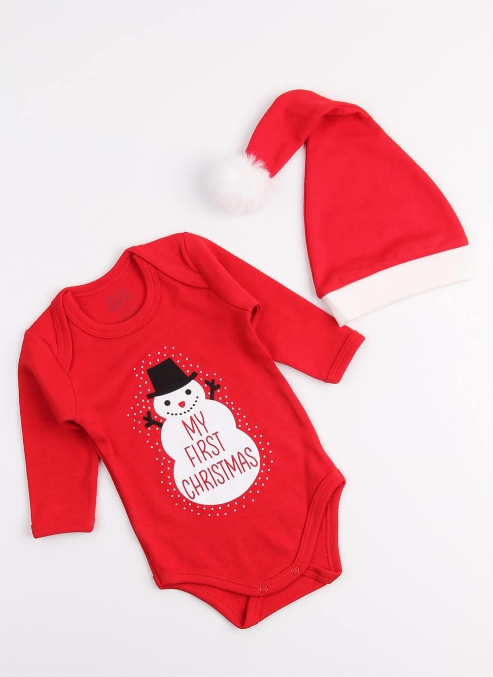 Christmas Noel Yeni Yıl Yılbaşı Ponponlu Noel Baba Şapkalı My First Christmas Kardan Adam Baskılı Bebek Body ve Şapka