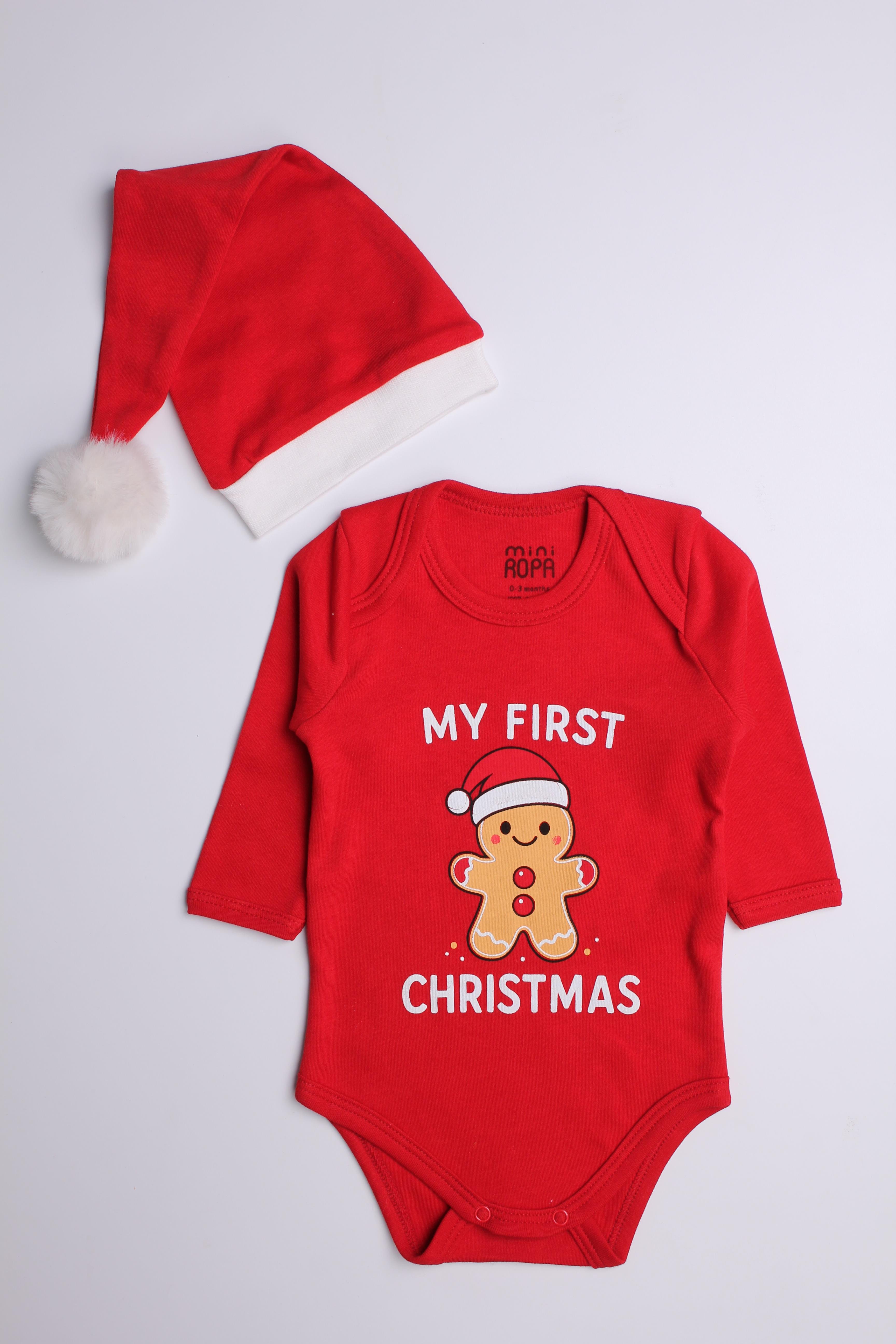 Christmas Noel Yeni Yıl Yılbaşı Ponponlu Noel Baba Şapkalı My First Christmas Kardan Adam Baskılı Bebek Body ve Şapka