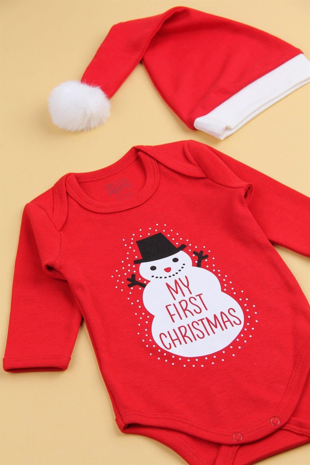 Christmas Noel Yeni Yıl Yılbaşı Ponponlu Noel Baba Şapkalı My First Christmas Kardan Adam Baskılı Bebek Body ve Şapka