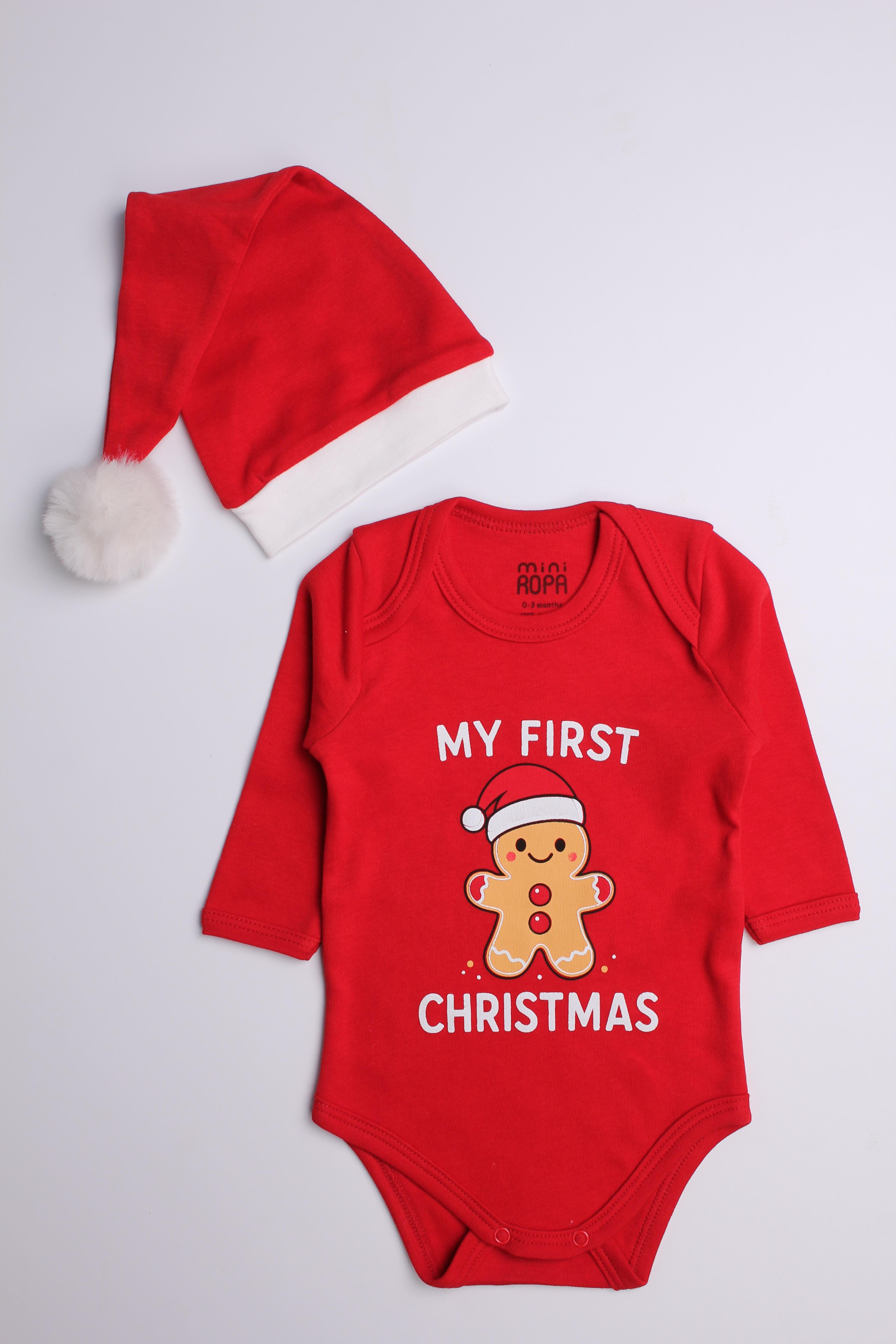 Christmas Noel Yeni Yıl Yılbaşı Ponponlu Noel Baba Şapkalı My First Christmas Kardan Adam Baskılı Bebek Body ve Şapka