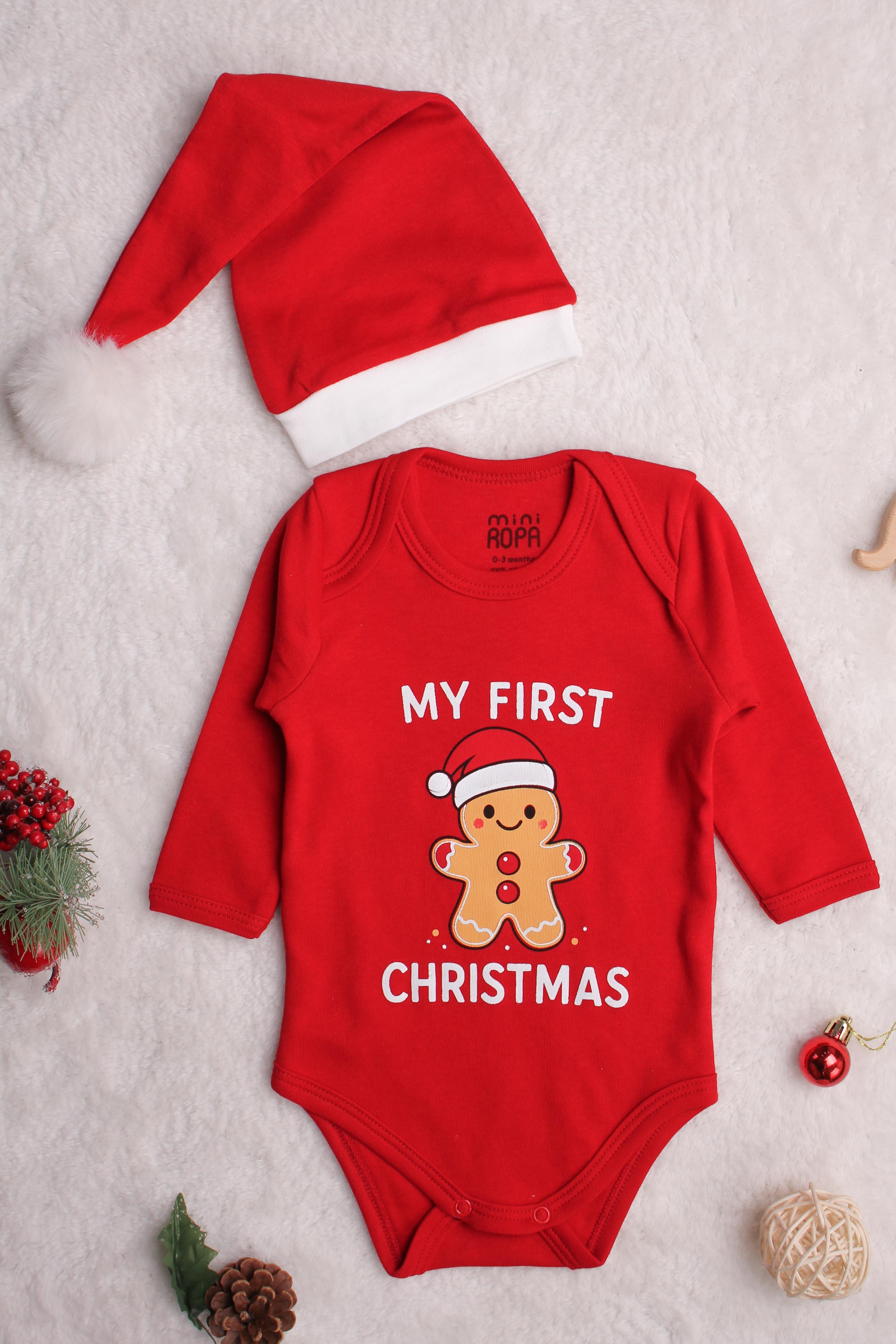 Christmas Noel Yeni Yıl Yılbaşı Ponponlu Noel Baba Şapkalı My First Christmas Kardan Adam Baskılı Bebek Body ve Şapka