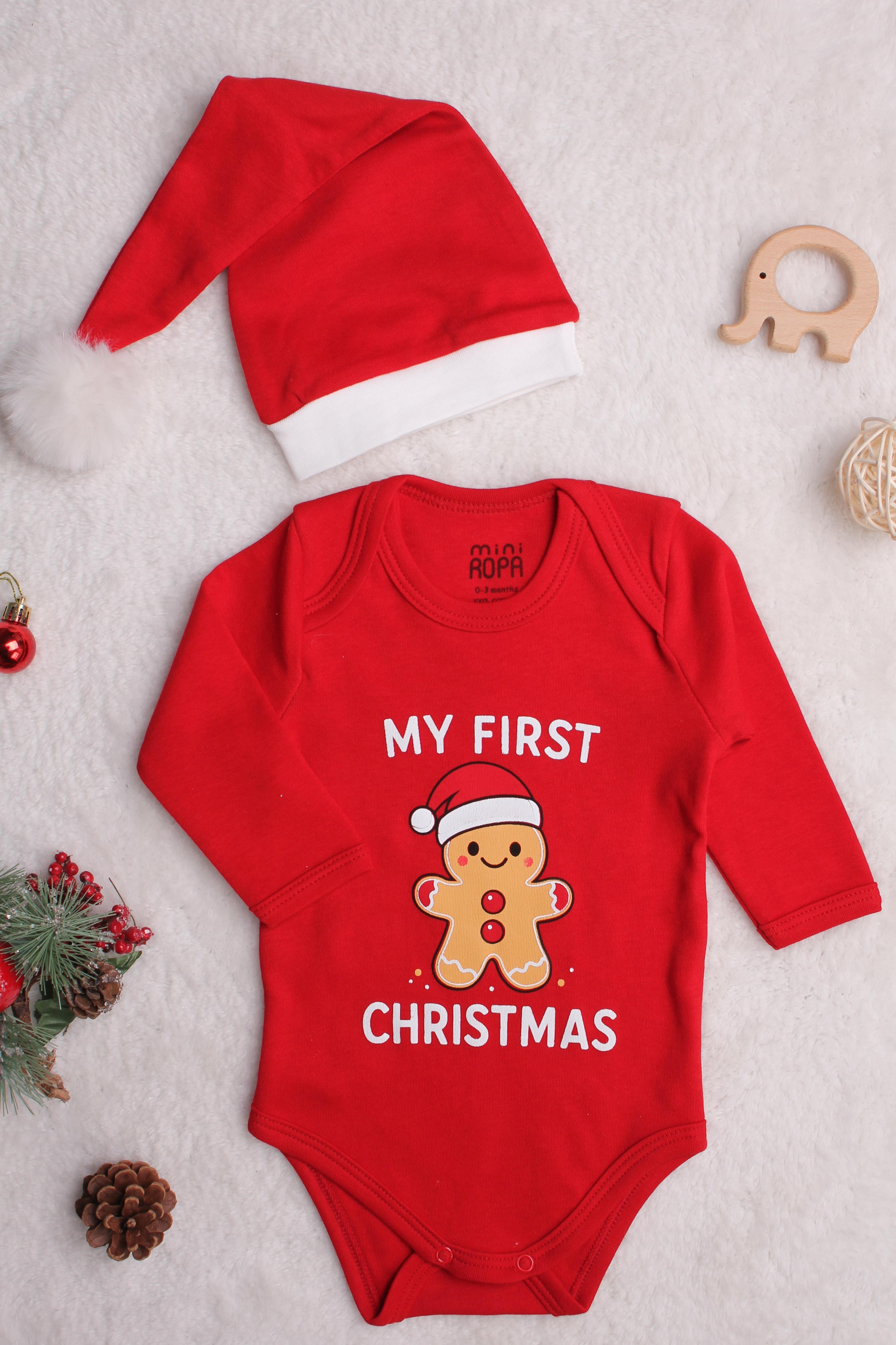Christmas Noel Yeni Yıl Yılbaşı Ponponlu Noel Baba Şapkalı My First Christmas Kardan Adam Baskılı Bebek Body ve Şapka