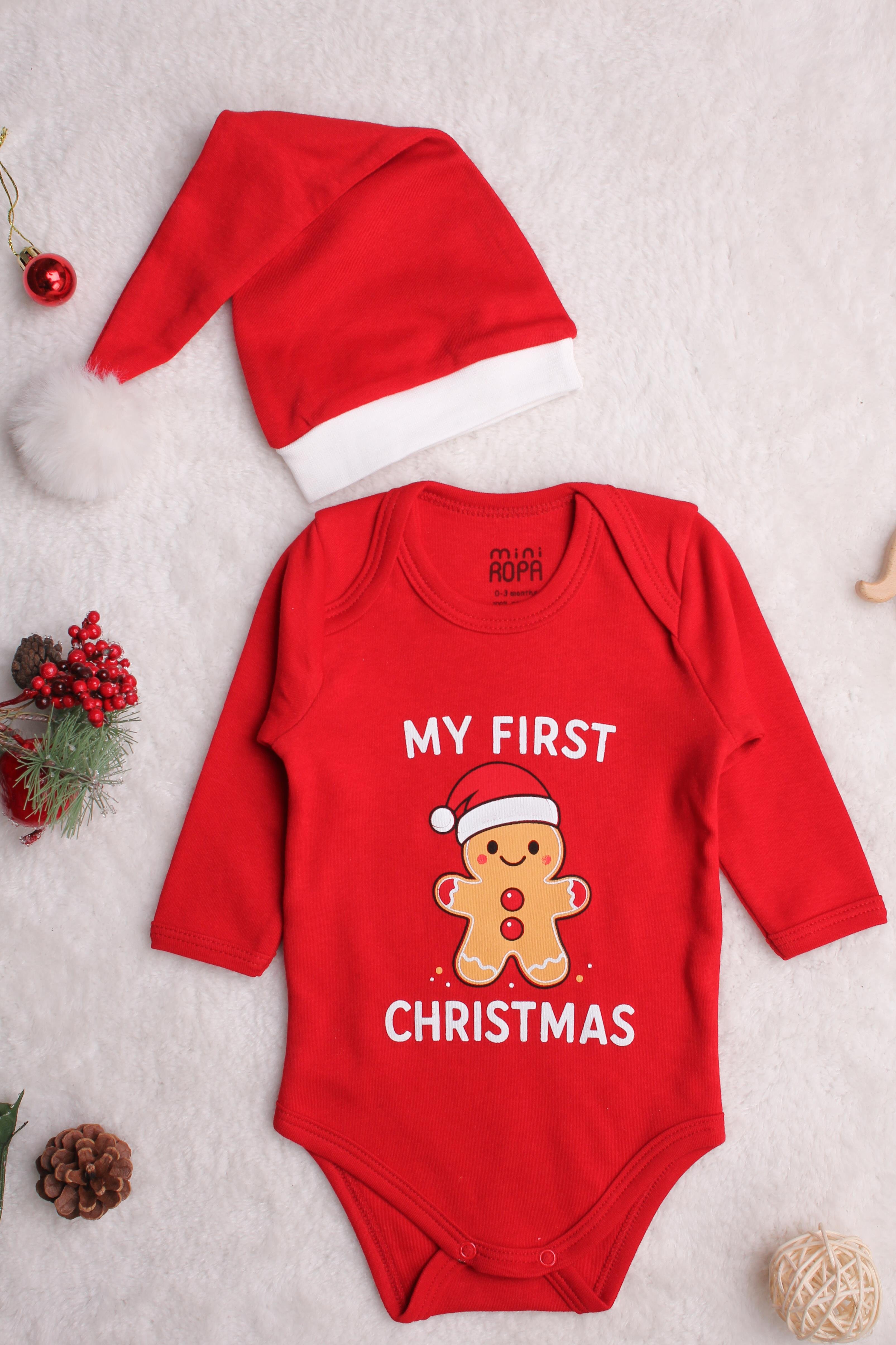 Christmas Noel Yeni Yıl Yılbaşı Ponponlu Noel Baba Şapkalı My First Christmas Kardan Adam Baskılı Bebek Body ve Şapka