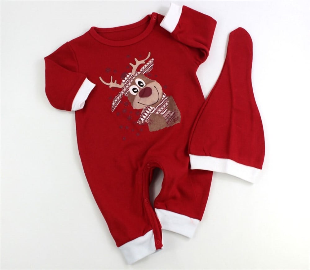 Christmas Yılbaşı Geyik Baskılı Şapkalı Noel Temalı Bebek Tulum Set