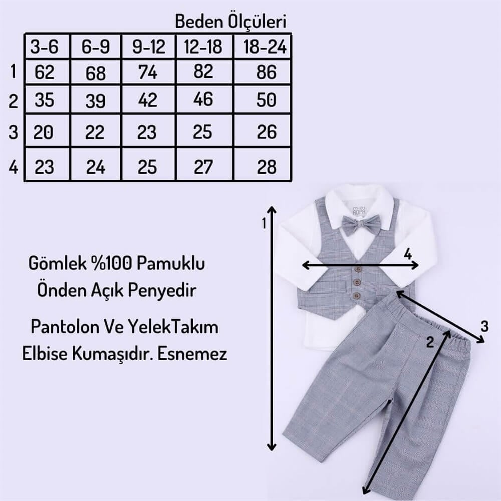Kırçıllı Kareli Kışlık Papyonlu Yelekli 3'lü Bebek Takımı