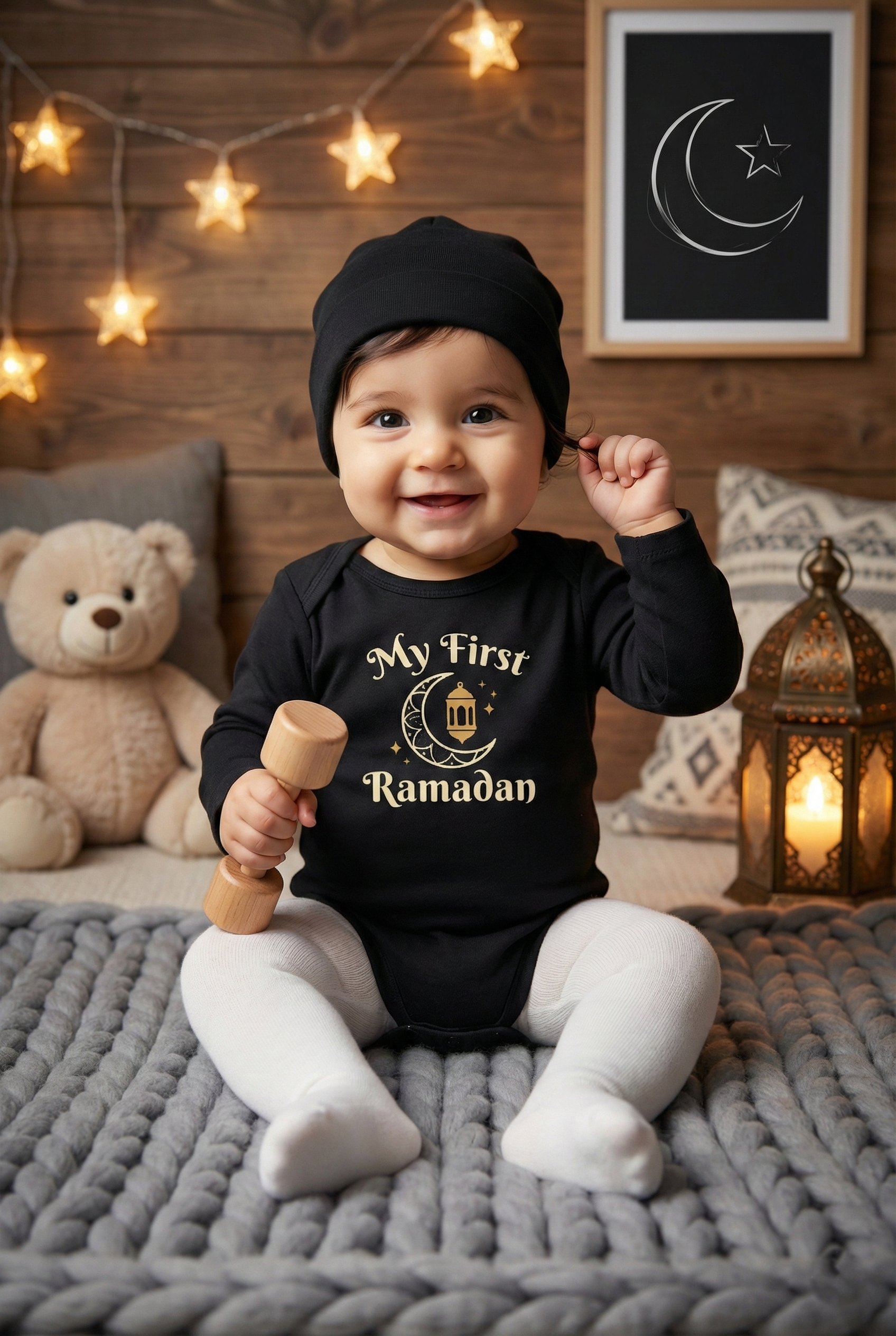 My First Ramadan Siyah Body Şapka Takımı İlk Ramazanım Temalı Bebek Takımı