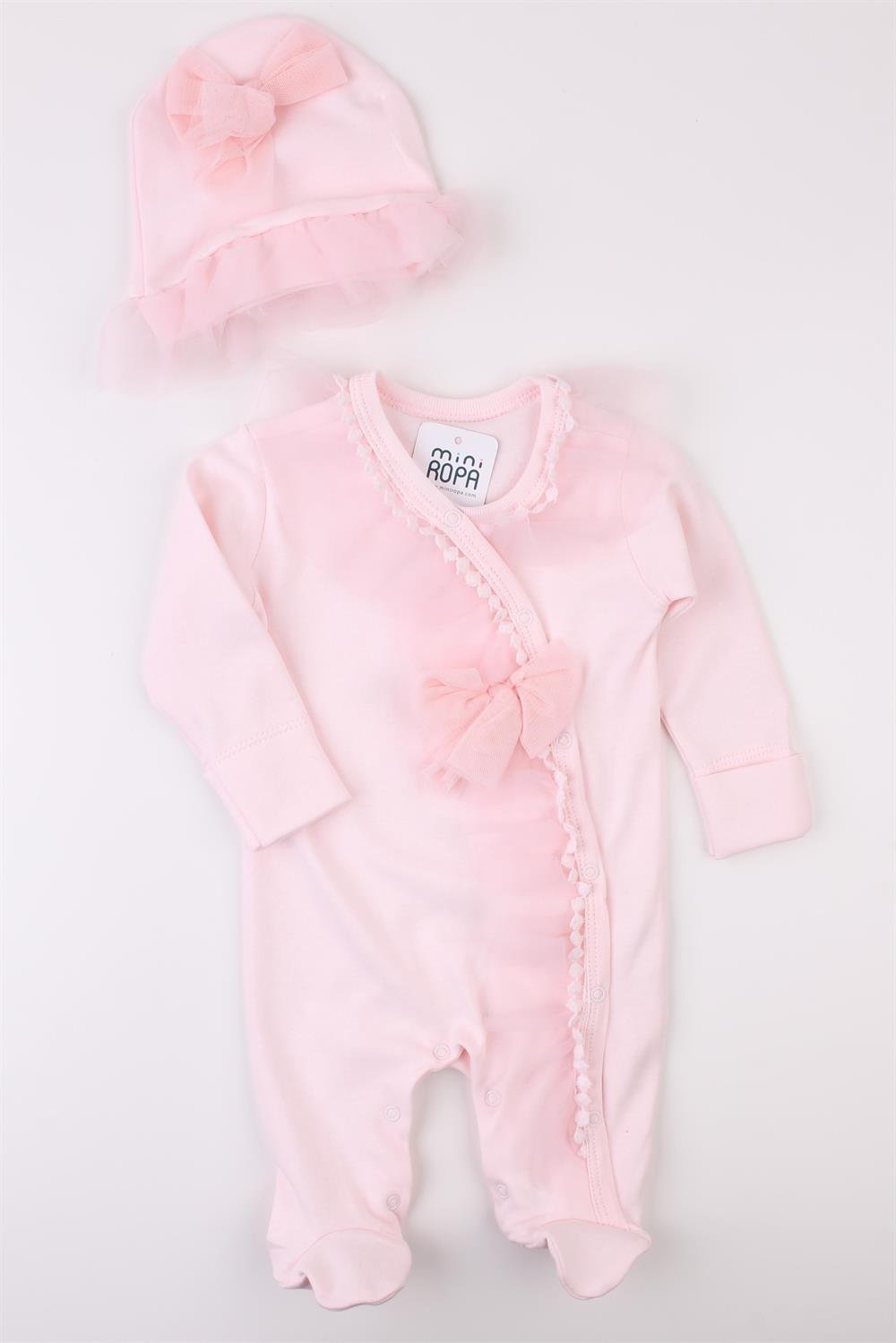 Pembe Fiyonklu Tüllü Şapkalı Kız Bebek Tulumu
