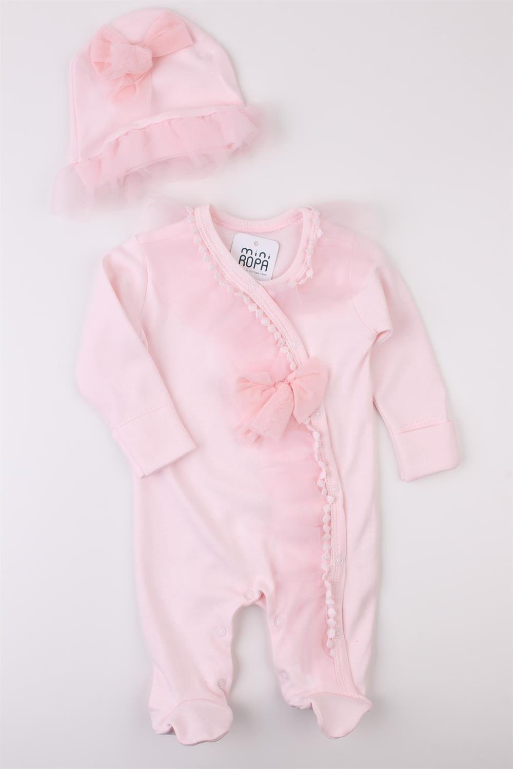 Pembe Fiyonklu Tüllü Şapkalı Kız Bebek Tulumu