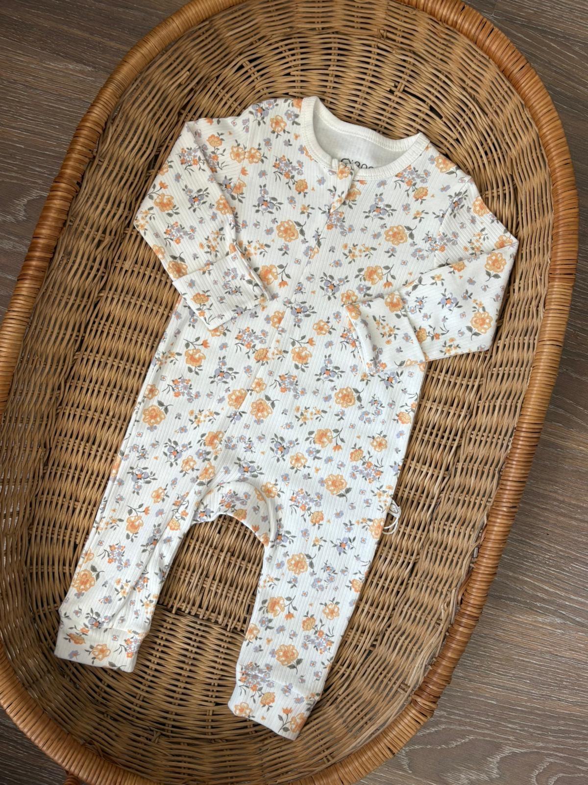 Sarı Çiçek Baskılı Fermuarlı Kız Bebek Tulumu