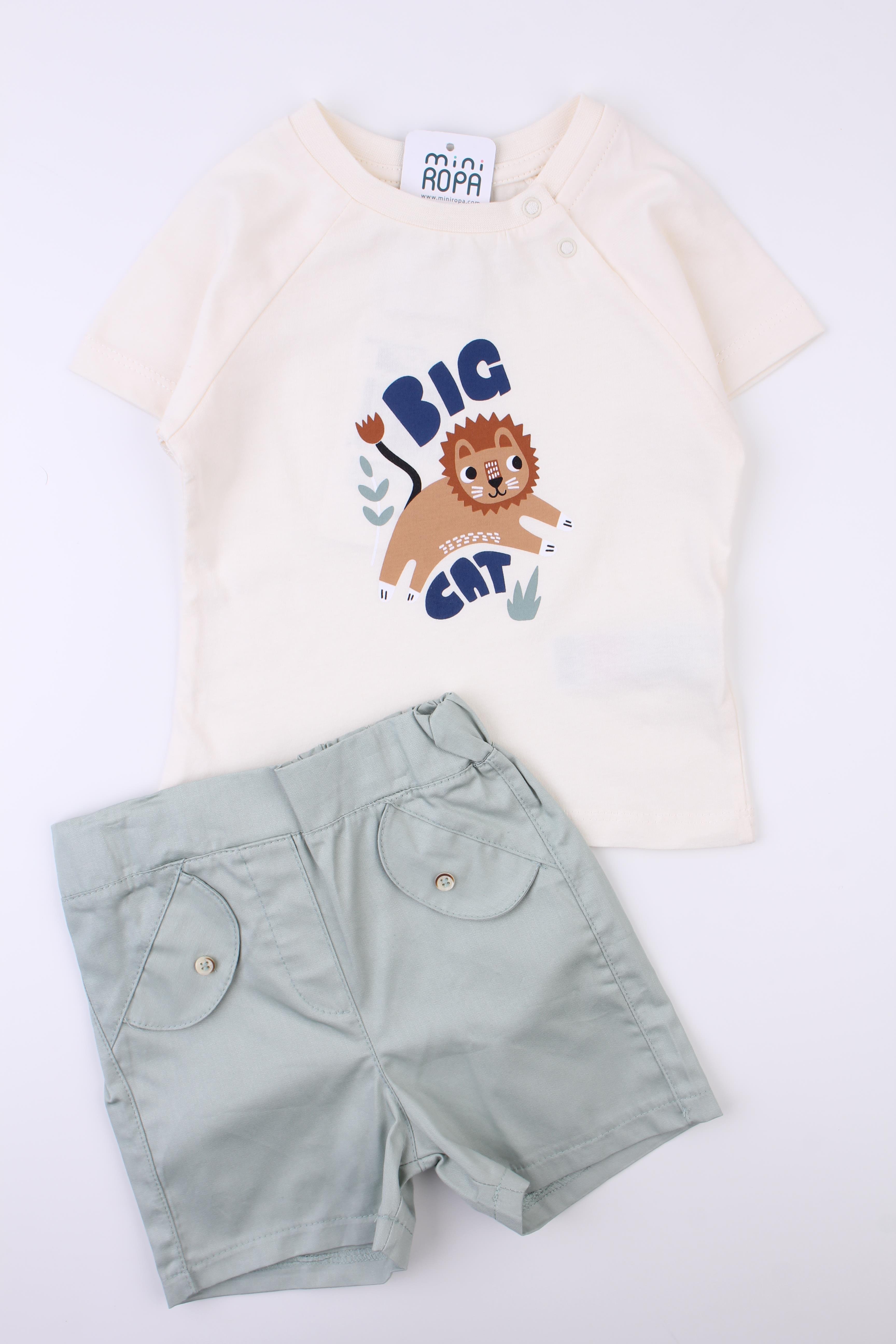 Şortlu Erkek Bebek Takımı Yeşil Dokuma Şortlu Penye Tshirt  