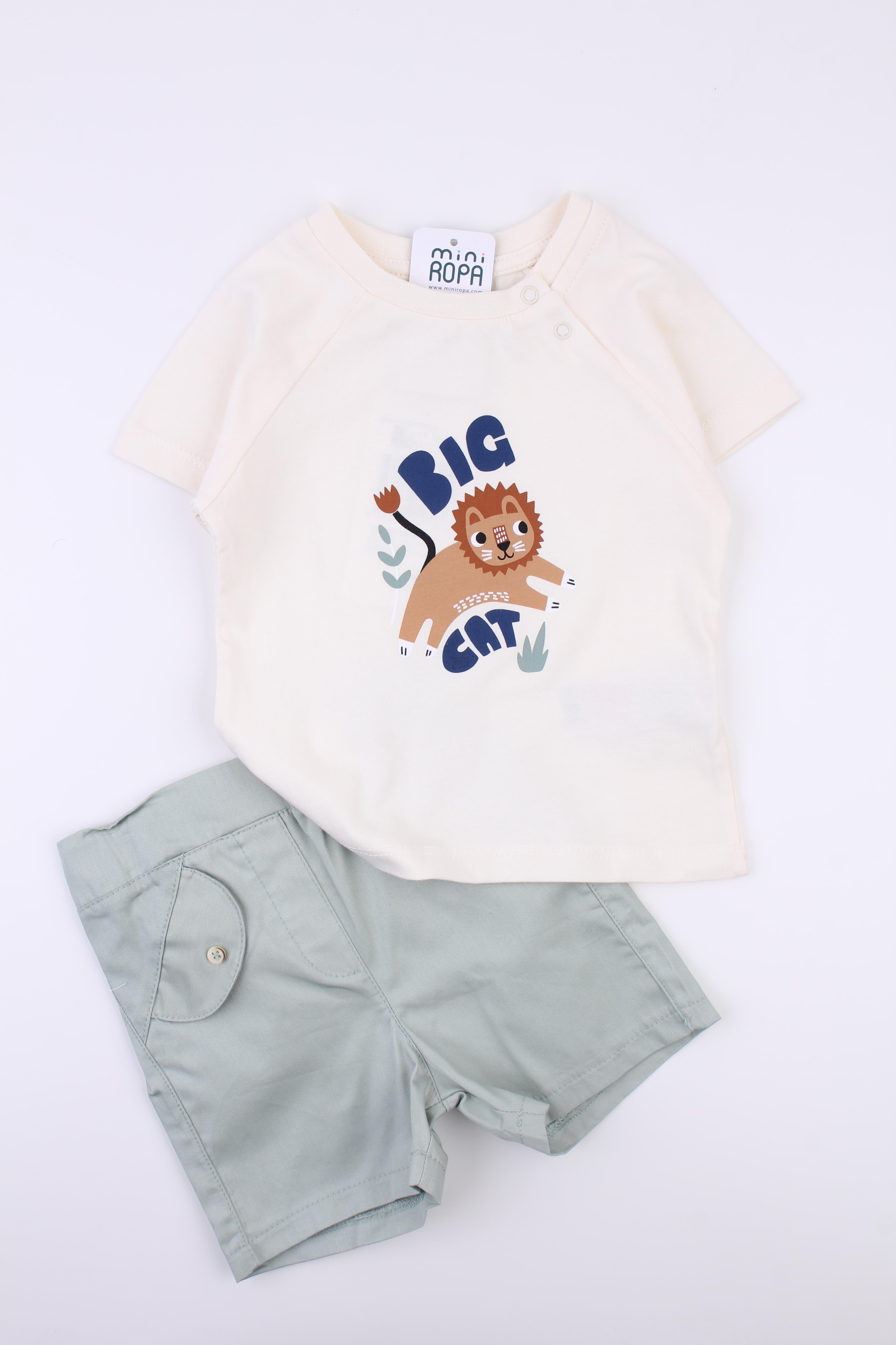 Şortlu Erkek Bebek Takımı Yeşil Dokuma Şortlu Penye Tshirt  